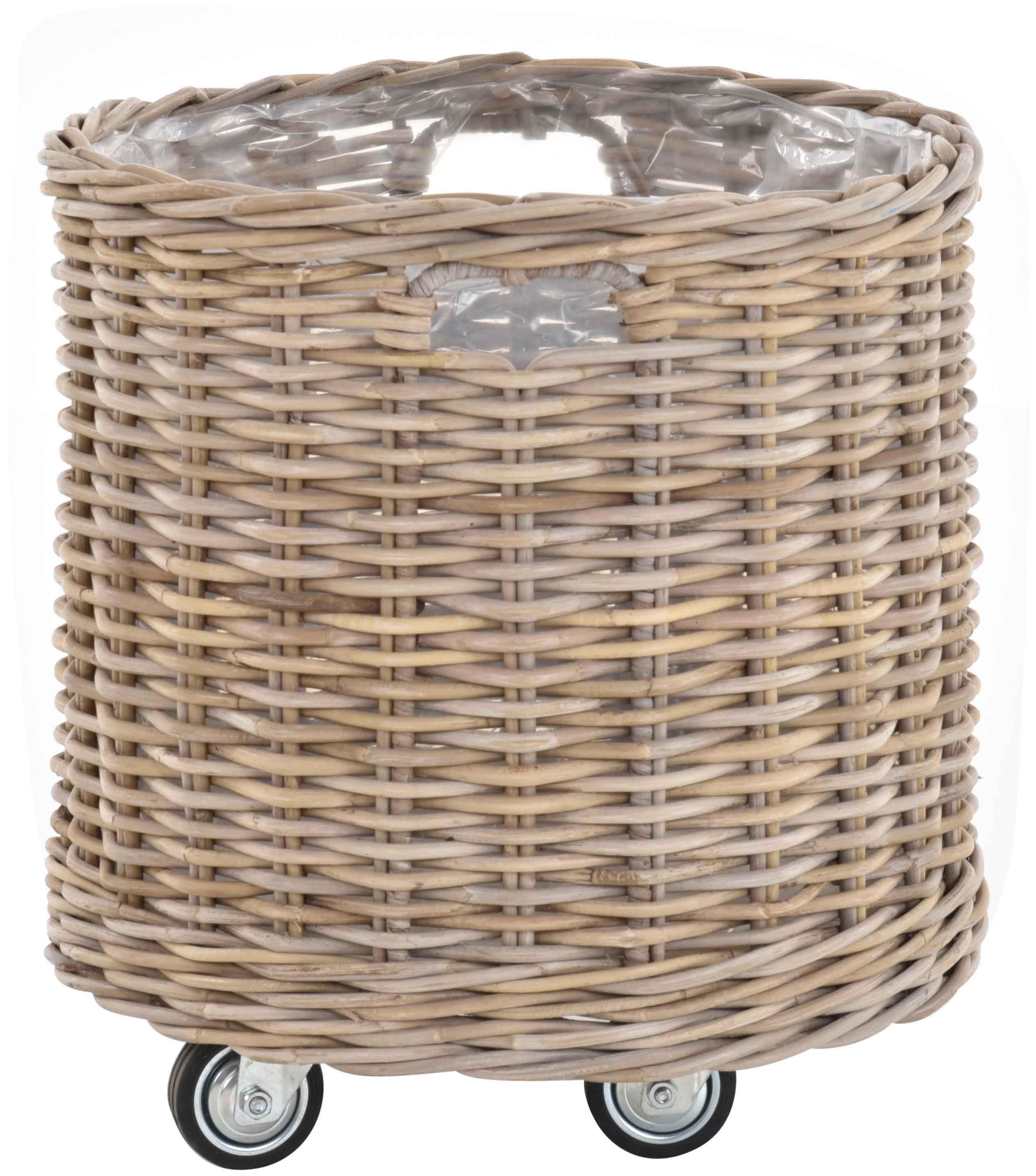 Krines Home Allzweckkorb Pflanzkorb groß Rattan XXL Rollkorb Rattankorb Grau Natur Rund, mit Rollen
