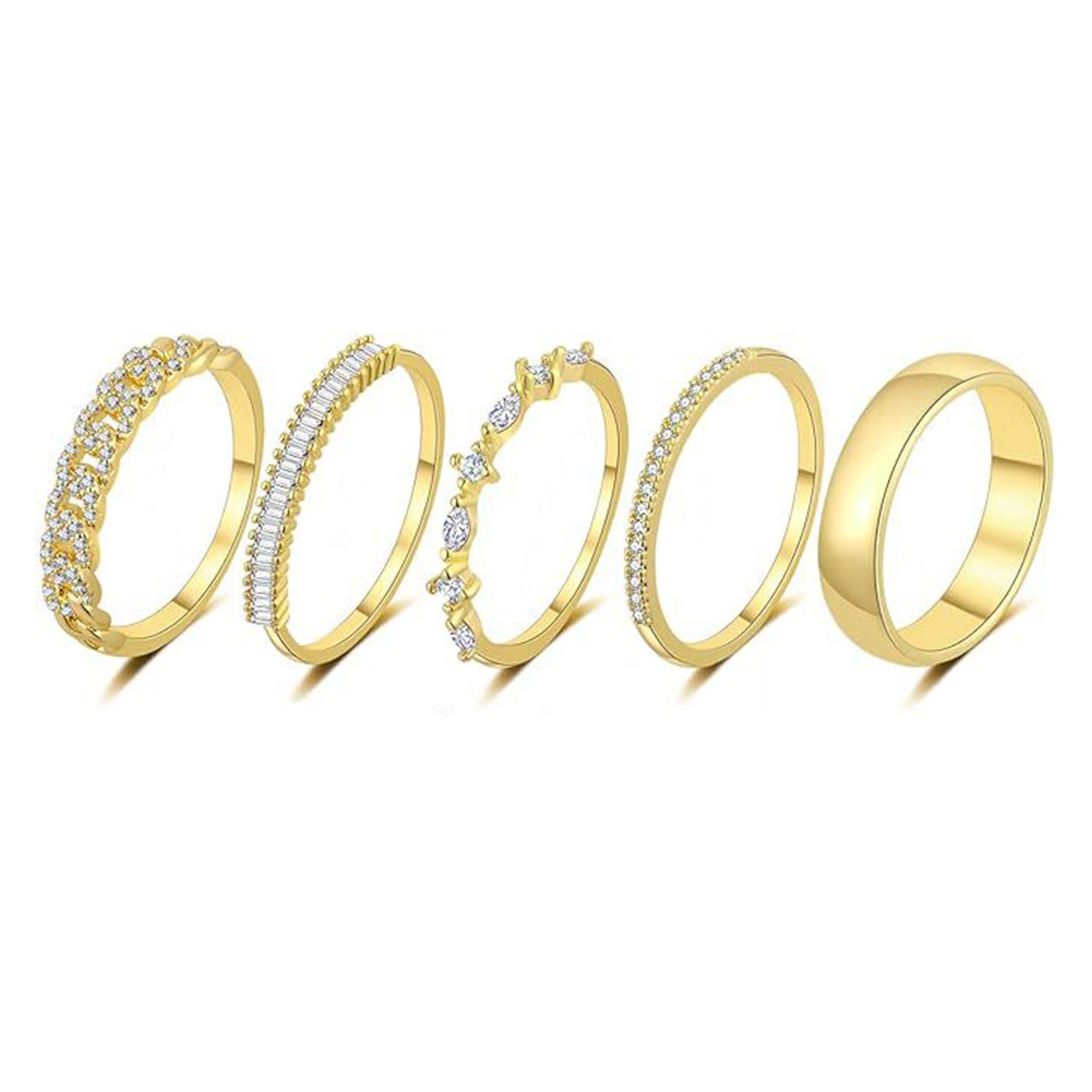 MAGICSHE Ring-Set 5-Fingerringe,Eingelegt mit Kristalledelsteinen, 14K,gold