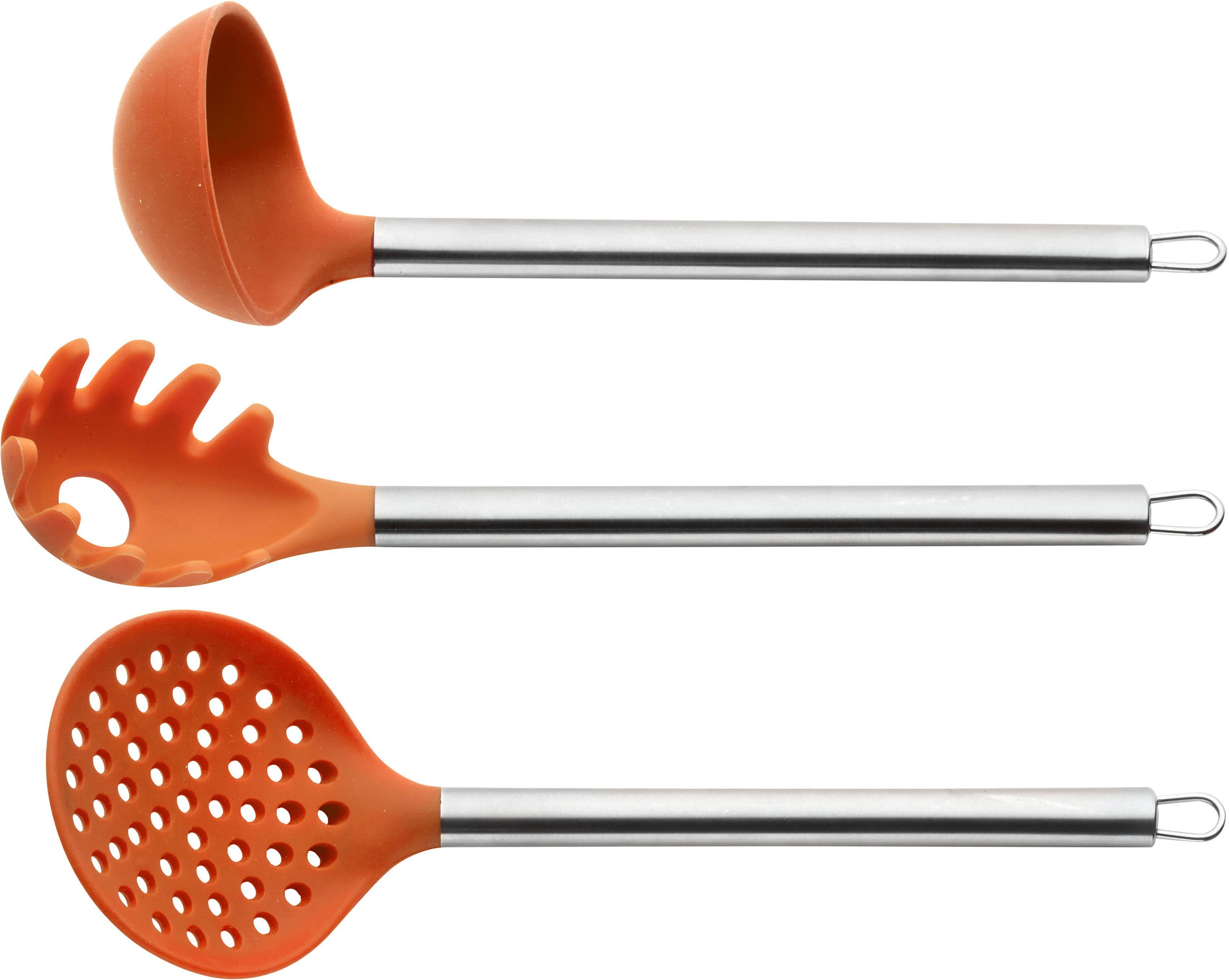 PINTINOX Kochbesteck-Set Silicone Orange (Set, 3-tlg), (Schöpfkelle, Spaghettilöffel, Schaumkelle), Edelstahl/Silikon