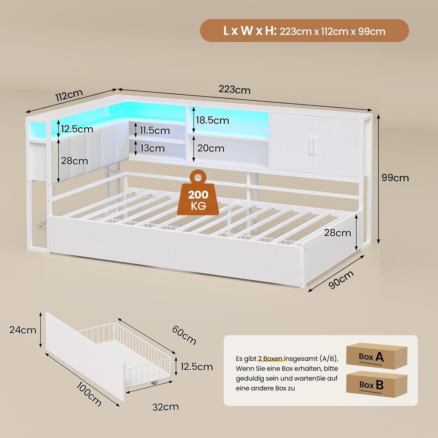 KIMENICH Daybett Tagesbett mit LED-Beleuchtung, USB-Ladestation und 2 Schubladen (1 tlg), Jugendbett Polsterbett mit Lattenrost aus Metall, 90x200cm