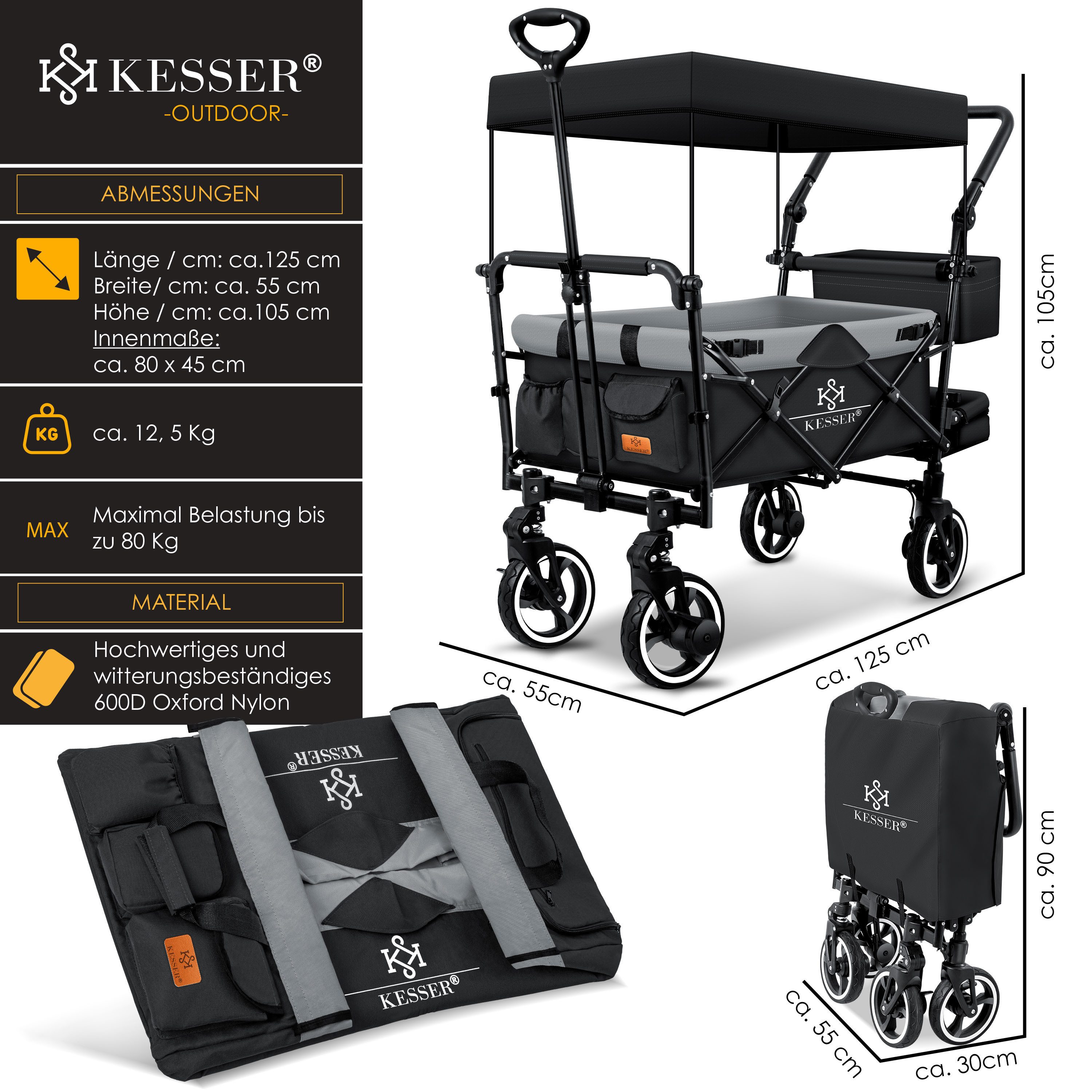 KESSER Bollerwagen, Bollerwagen Faltbar GTS-9100 mit Dach Handwagen Transportwagen