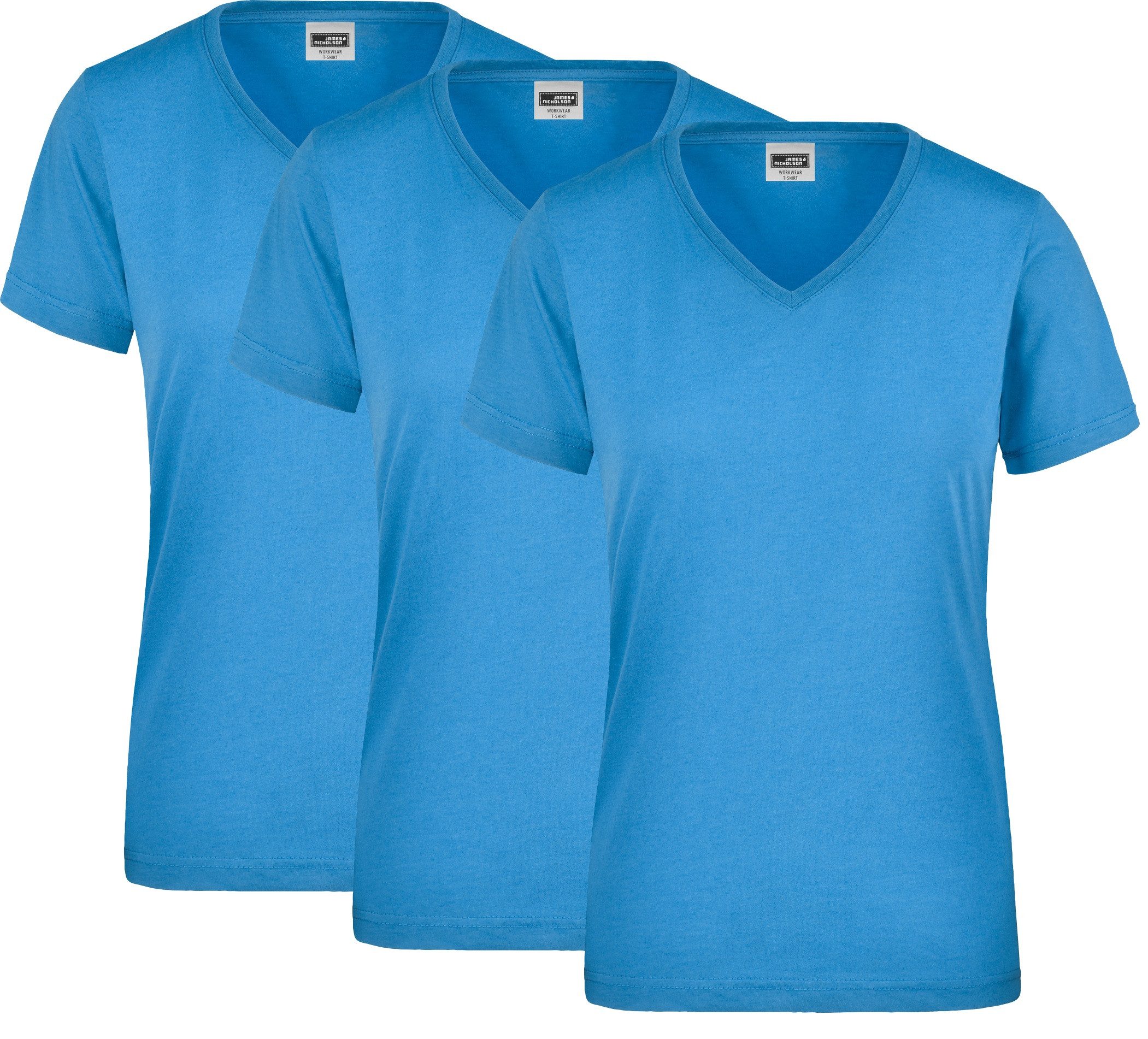 James & Nicholson T-Shirt 3er-Pack Strapazierfähiges und pflegeleichtes Damen T-Shirt JN837 (Spar-Set, 3er-Pack) Leicht tailliertes Damen T-Shirt mit V-Ausschnitt