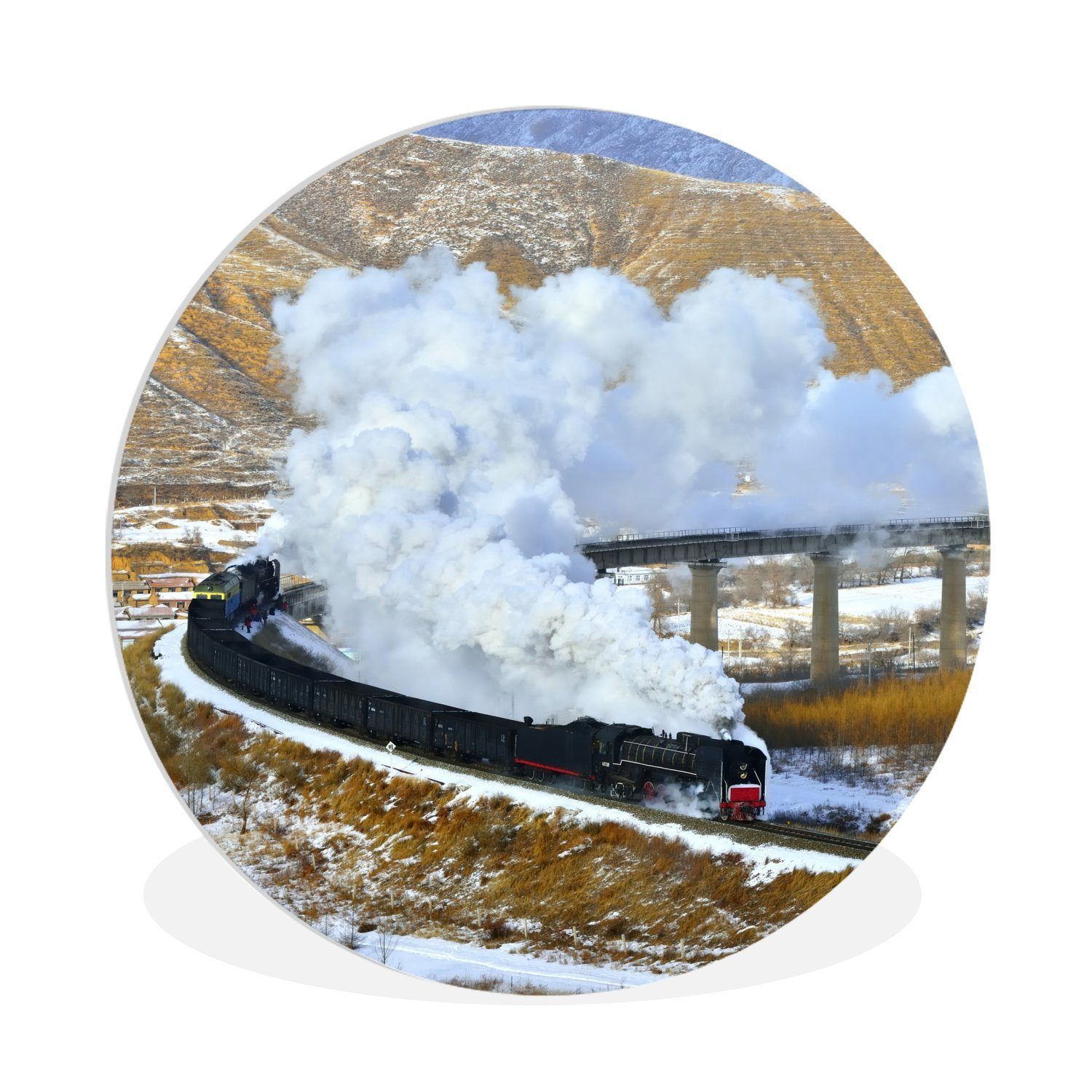 MuchoWow Gemälde Dampflokomotive in einer verschneiten Landschaft, (1 St), Kreis Wanddekoration Forex, Rundes Wandbild, Wohnzimmer, 30x30 cm