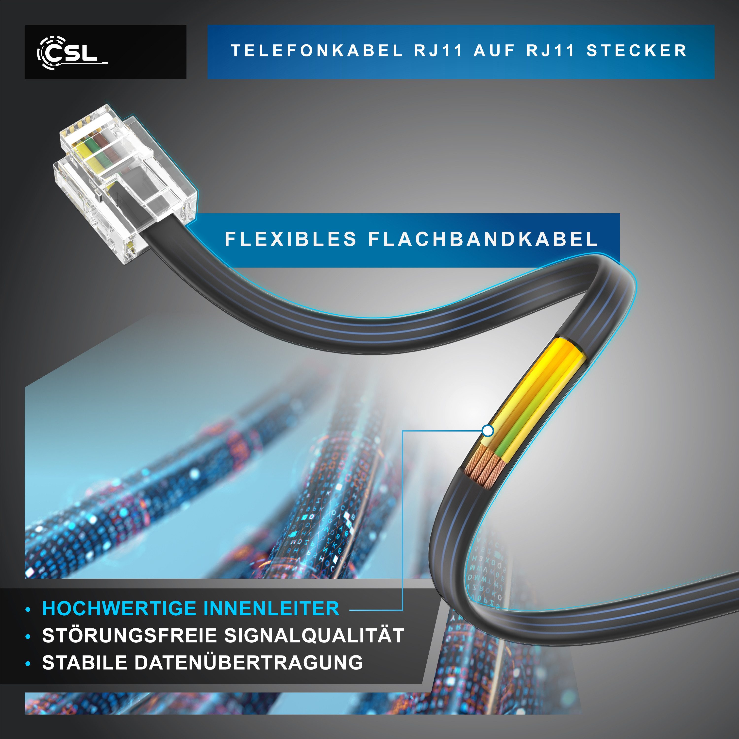 CSL Flachkabel RJ11 zu RJ 11, Router zu Telefon Fax Anrufbeantworter 10 m Telefonkabel, RJ-11, RJ-11 (1000 cm), Modularkabel, Telefonanschlusskabel, Modem, DSL, – Bild 4 von 5