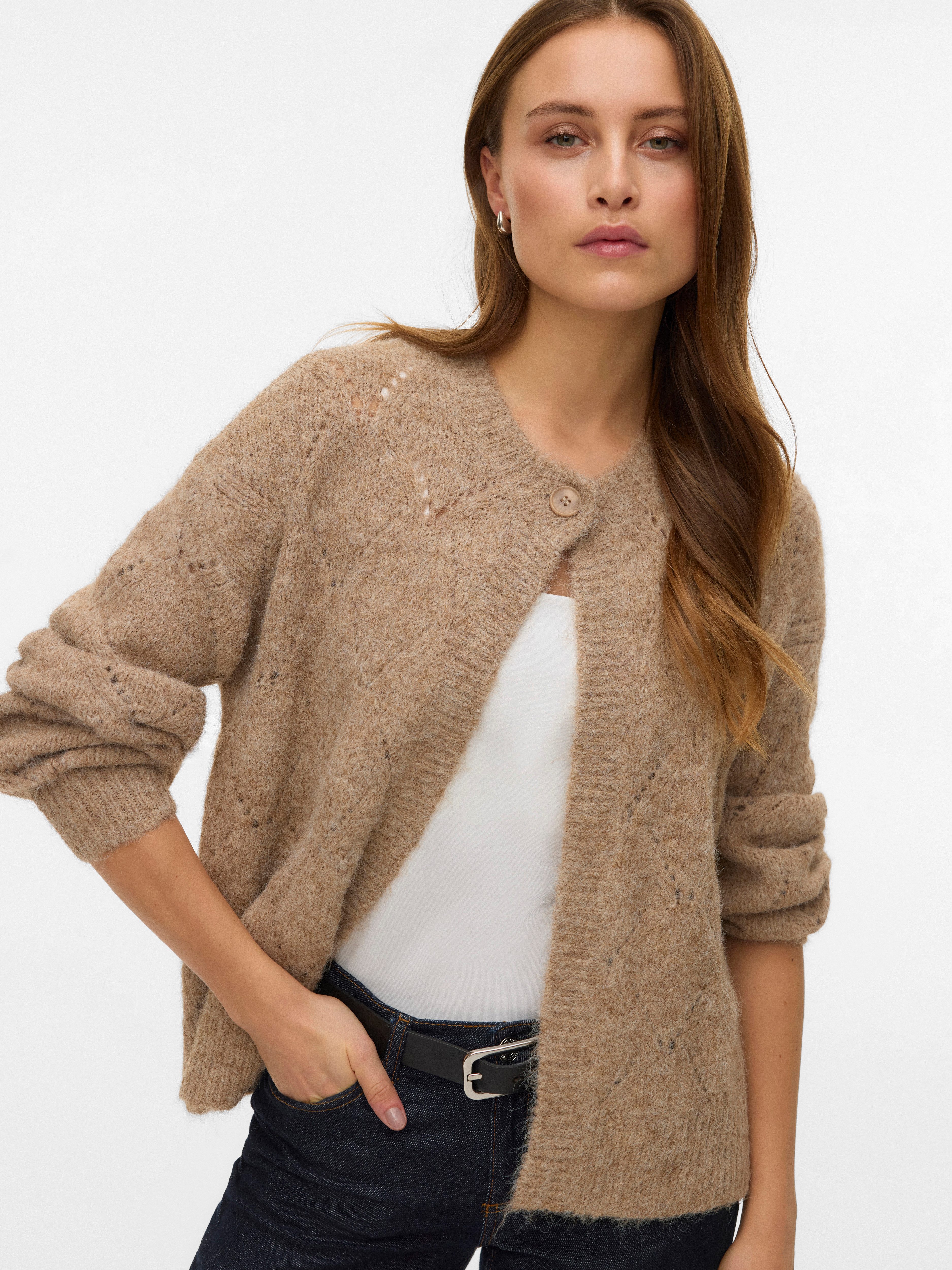 Vero Moda Strickjacke VMSHELL LS O-NECK ONEBUTTON CARDIGAN BOO