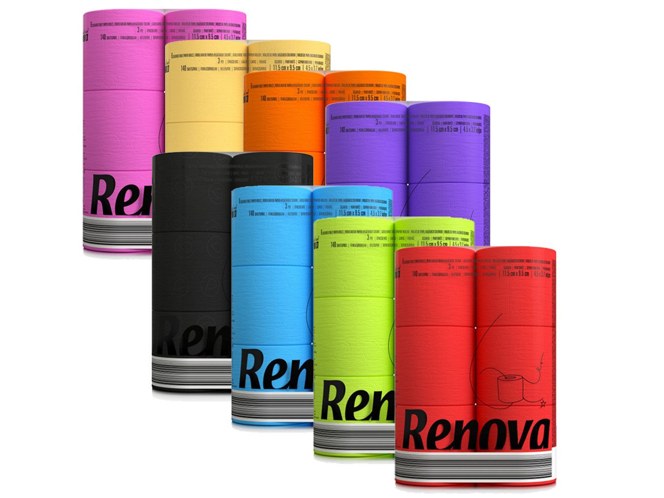 Renova Toilettenpapier Black Label Farbmix (Packung 48-St), 3-lagig