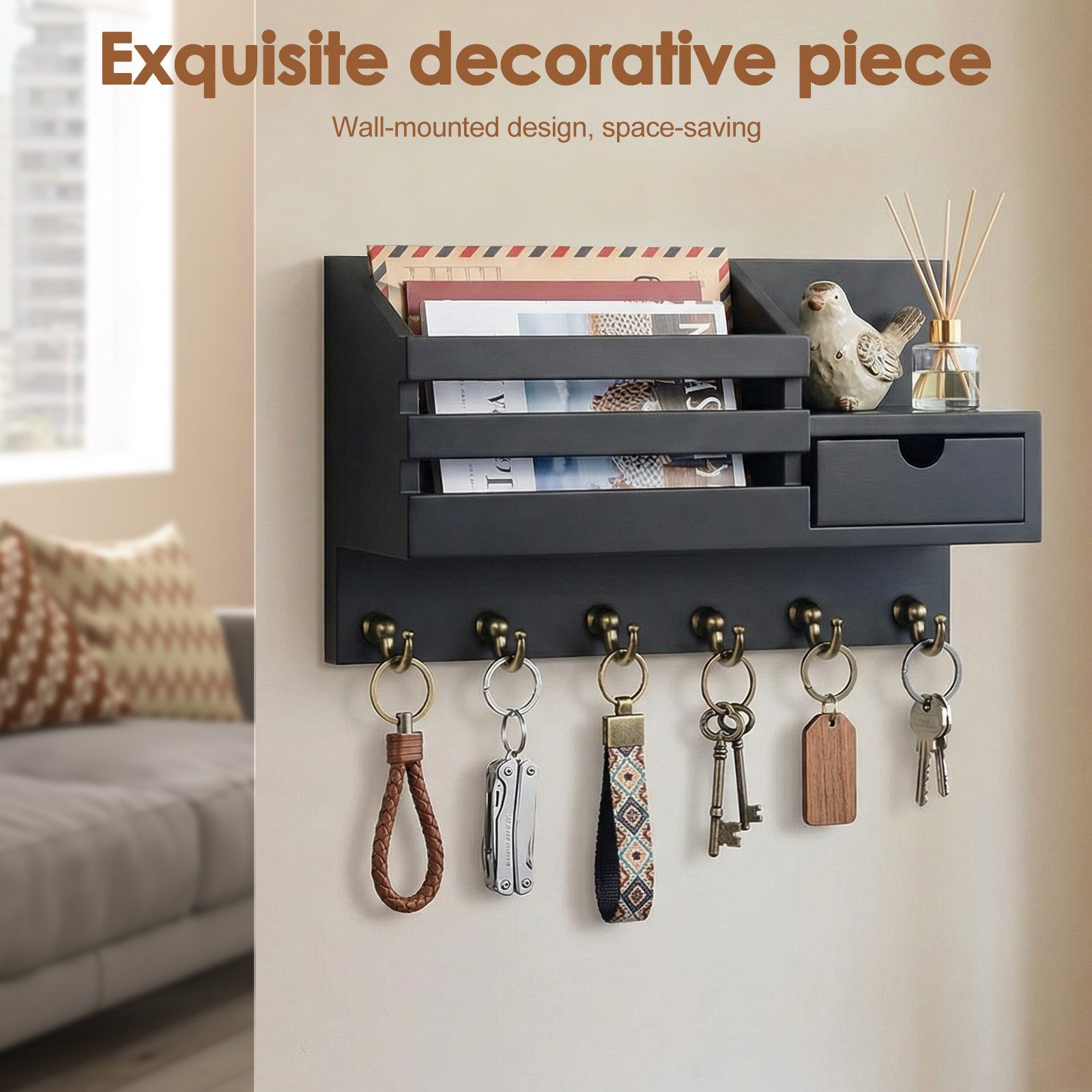 BlingBin Schlüsselbrett Schlüsselablage mit 6 Haken und Aufbewahrungsschublade, Wandregal, (1er Set, 1 St., Produktabmessungen: 18 x 10 x 30 cm), Wand Schlüsselhaken für Eingang Wohnzimmer Flur Büro, Schwarz