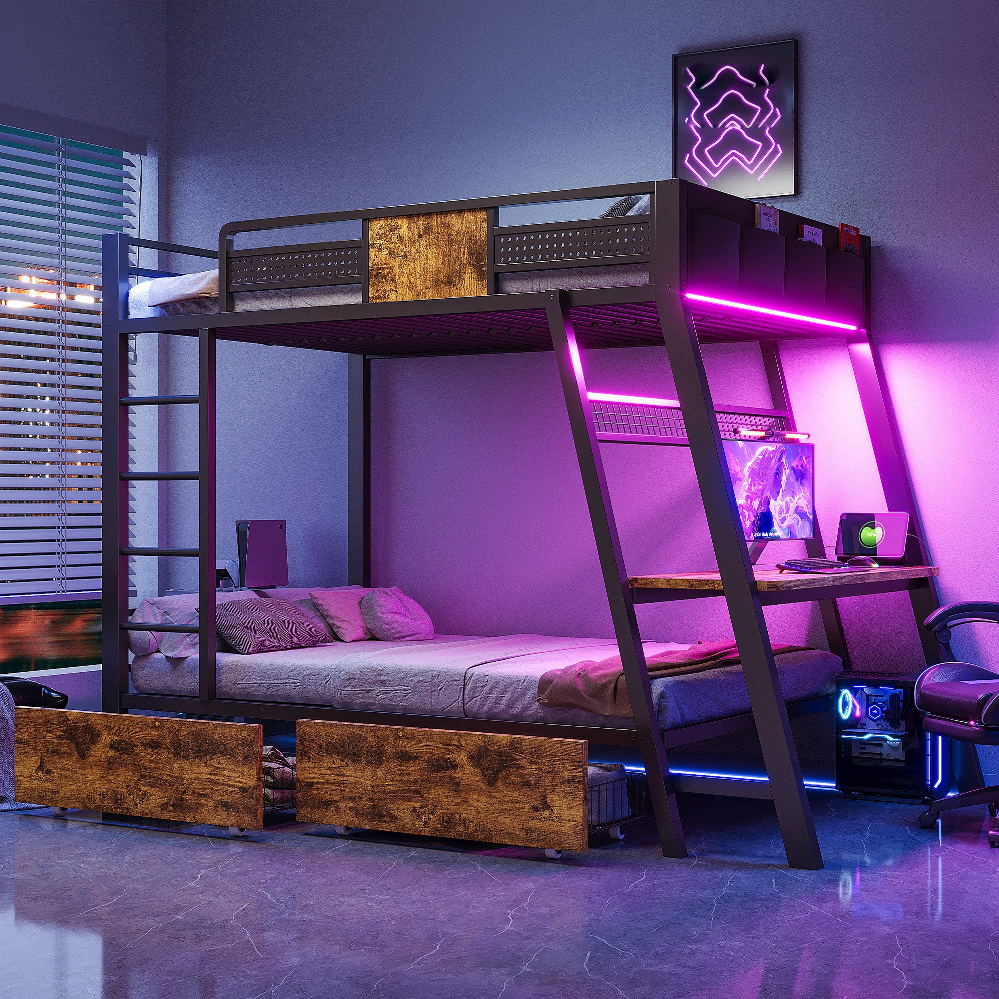 OKWISH Etagenbett Jugendbett Metallbett (90x200 cm, mit USB- und Type-C-Ladeanschluss sowie praktischen Aufbewahrungskörben), Kinderbett Eisenbett, ohne Matratze