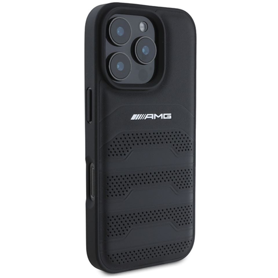Mercedes Benz AMG Handyhülle iPhone 16 Pro Max AMG Echtleder gelocht schwarz Logo 6,9 Zoll, Kantenschutz – Bild 4 von 5