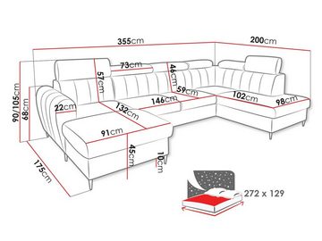 MIRJAN24 Wohnlandschaft Forio XL, mit zwei Bettkästen und Schlaffunktion, Einstellbare Kopfstützen, Schwarze Metallfüße, U-Form
