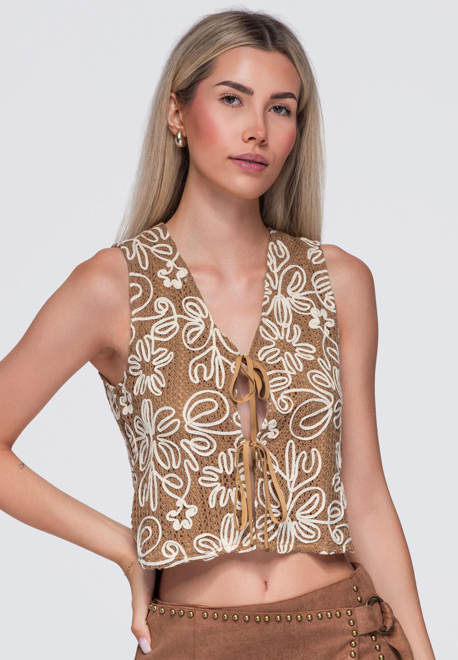 OMBRE Strickweste Damen Strickweste mit V-Ausschnitt und Bindeband Camel L (kein Set, 1-tlg) kurze Weste – Bild 5 von 5