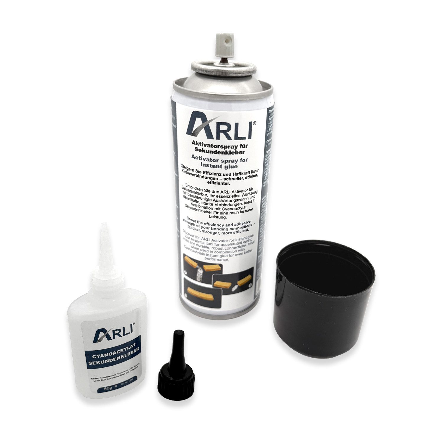 ARLI Montagekleber Sekundenkleber 50g mit Aktivator 200ml Universal, (1-tlg), Cyanacrylat Kleber Schnell trocknender Klebstoff