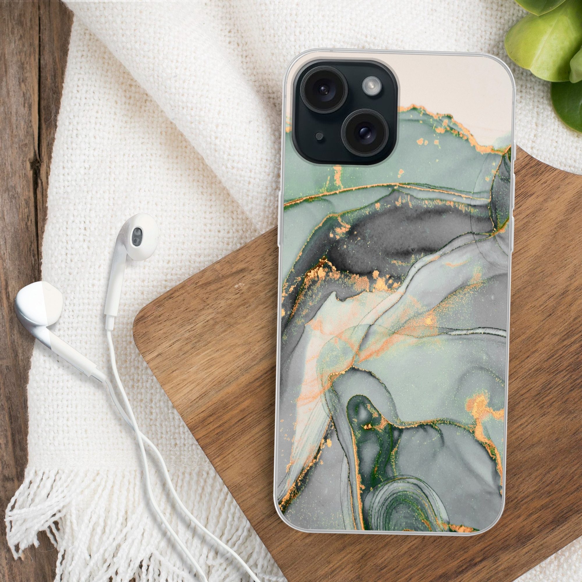 MuchoWow Handyhülle für Apple iPhone 15 Gold - Marmor - Grün - Luxus - Glitzer - Marmoropt, Smartphone-Bumper, Print, Handy Schutzhülle Dünn