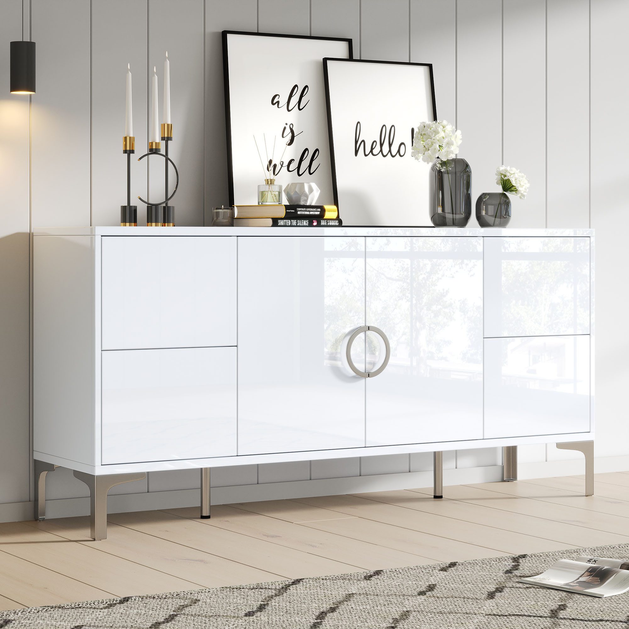 Sideboard in Hochglanz Weiß mit 4 grifflosen Schubladen