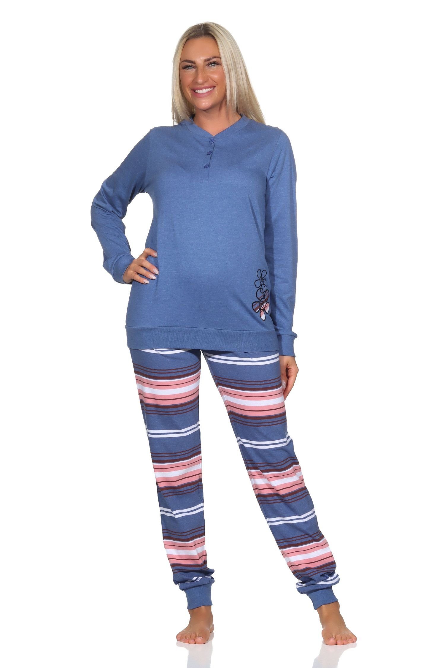 Normann Pyjama Normann Damen Pyjama langarm mit Bündchen und gestreifter Hose blau-mel.