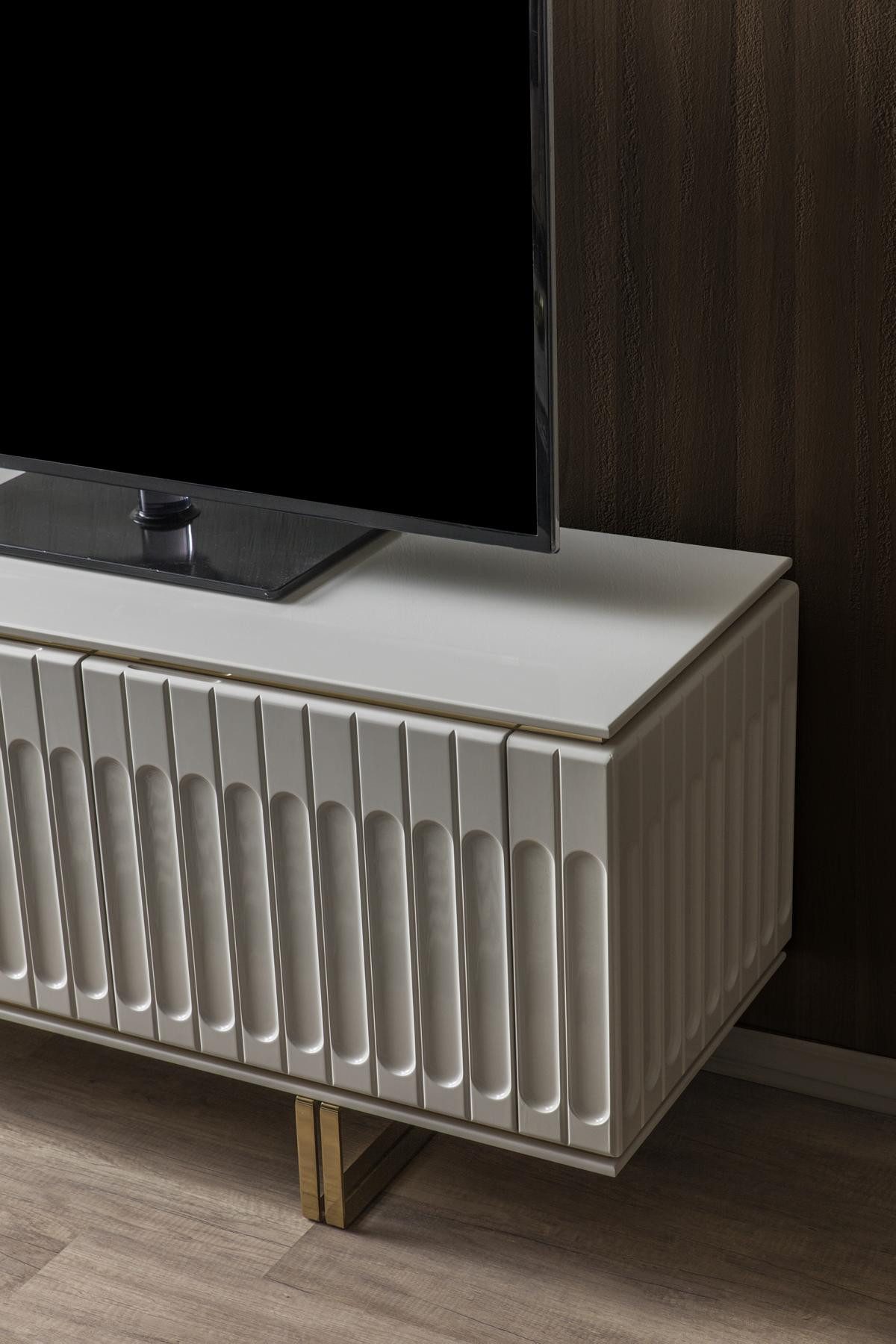 JVmoebel Wohnwand Luxus TV Lowboard aus Holz und Glas in Weiß-Gold, (3-St., RTV + 2x Regale), Made in Europa