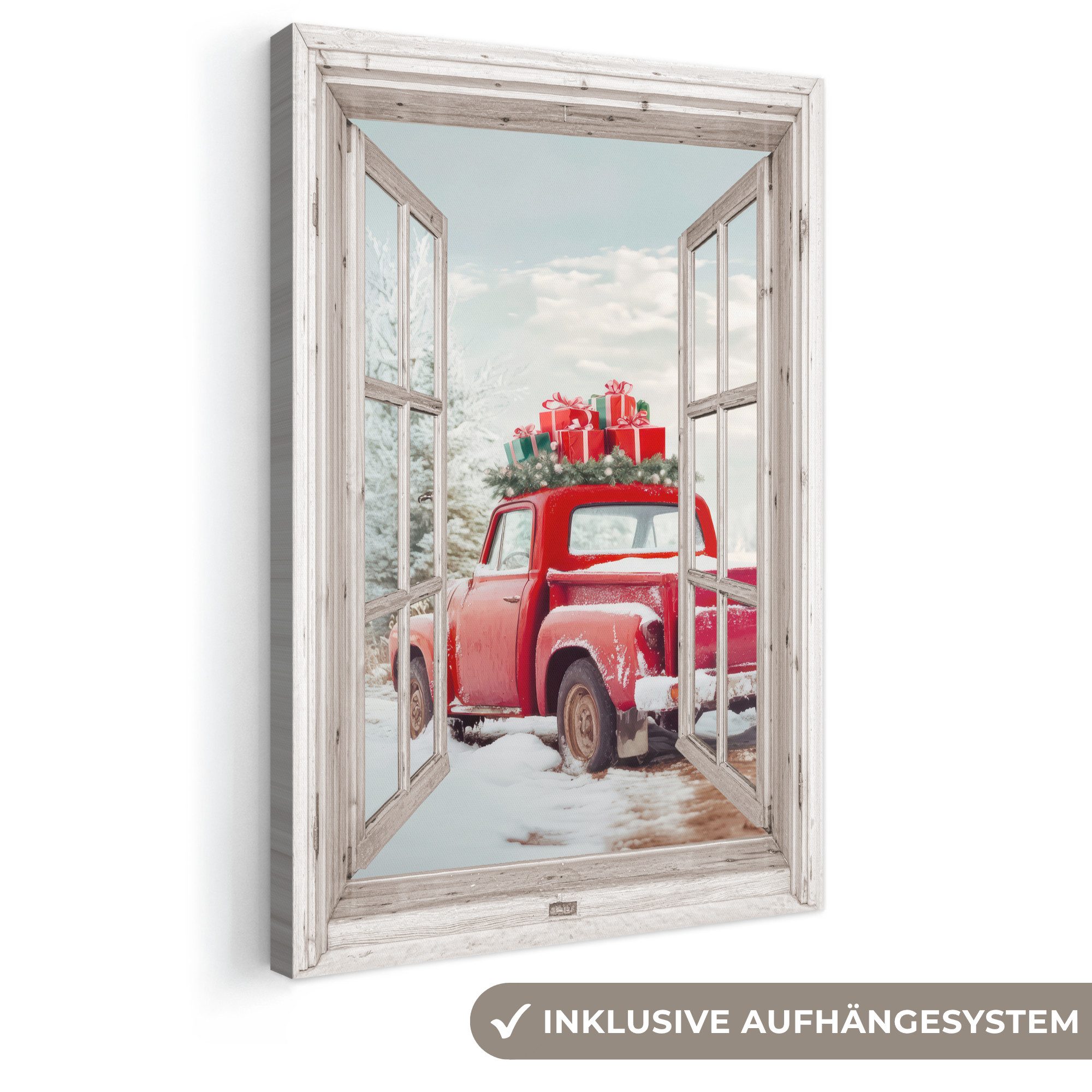 OneMillionCanvasses® Leinwandbild Auto - Rot - Winter - Weihnachten - Fenster, Fotodruck (1 St), Leinwand Canvas Wandbild, Wanddekoration 20x30 cm