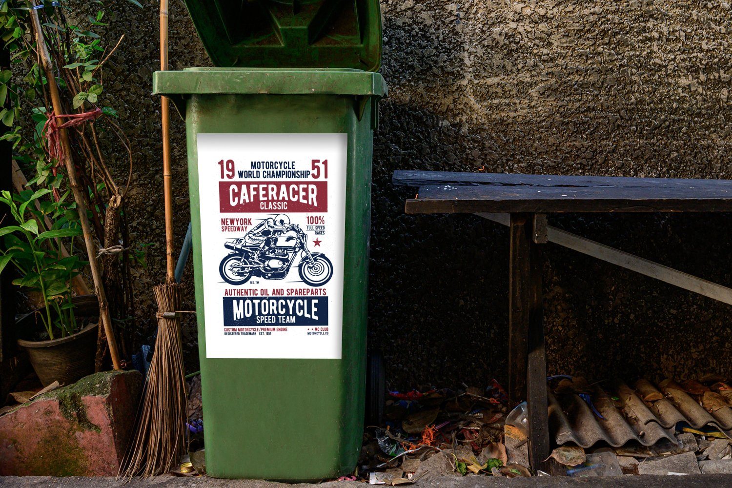 Wandsticker Mülltonne, MuchoWow Mülleimer-aufkleber, - - Mancave Rennen St), Sticker, Vintage Container, - (1 Abfalbehälter Motorrad