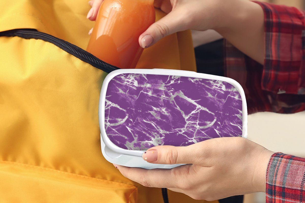 MuchoWow Lunchbox Violett - Weiß Kinder für und Jungs - Marmor Brotbox Kunststoff, Muster, (2-tlg), Brotdose, für Mädchen und Erwachsene, 