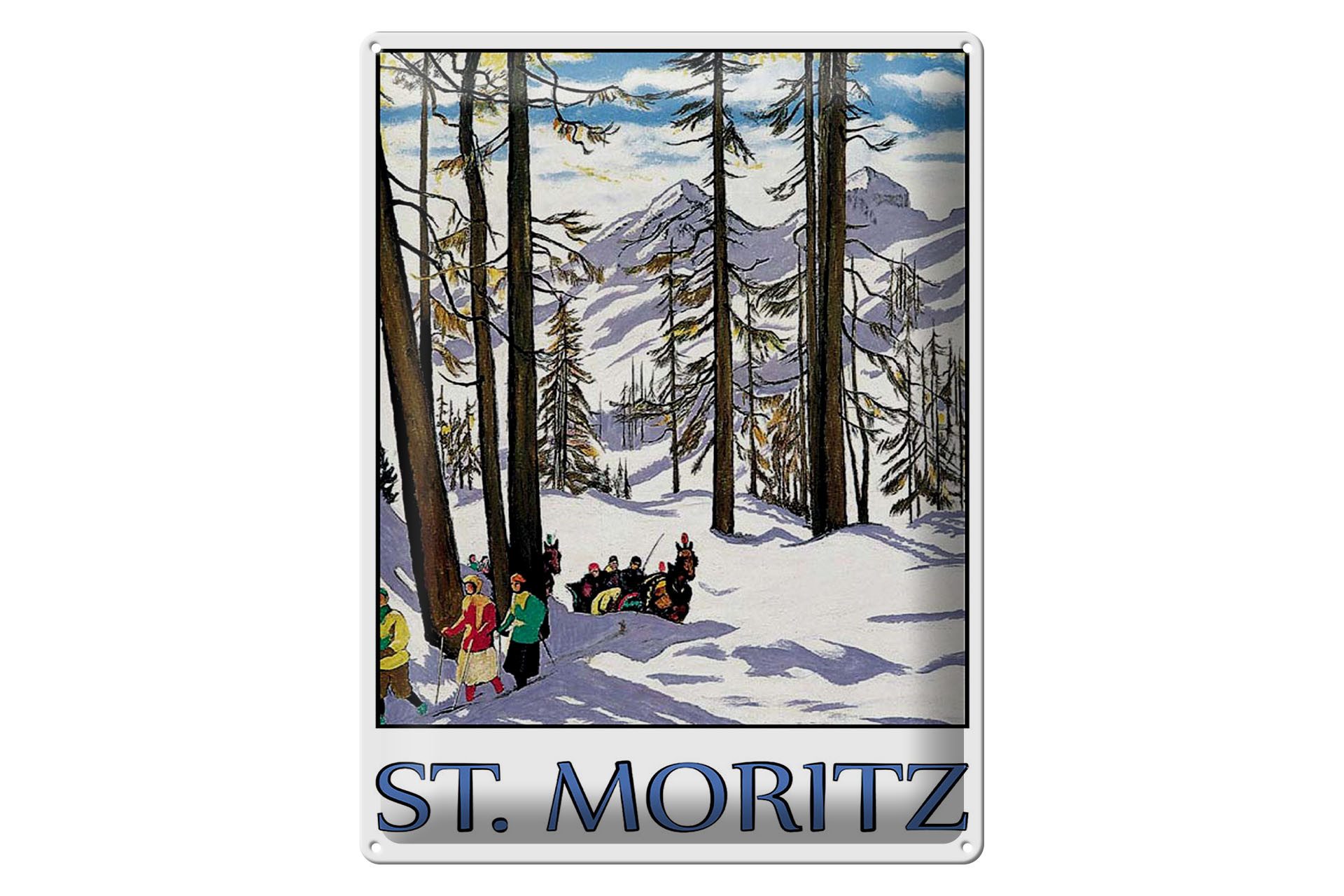 Femer GmbH Metallschild Reise 30x40 cm St. Moritz Skiläufer Kutsche Schnee, (1 St), gewölbte Oberfläche, abgerundete Ecken, umgeschlagene Kanten