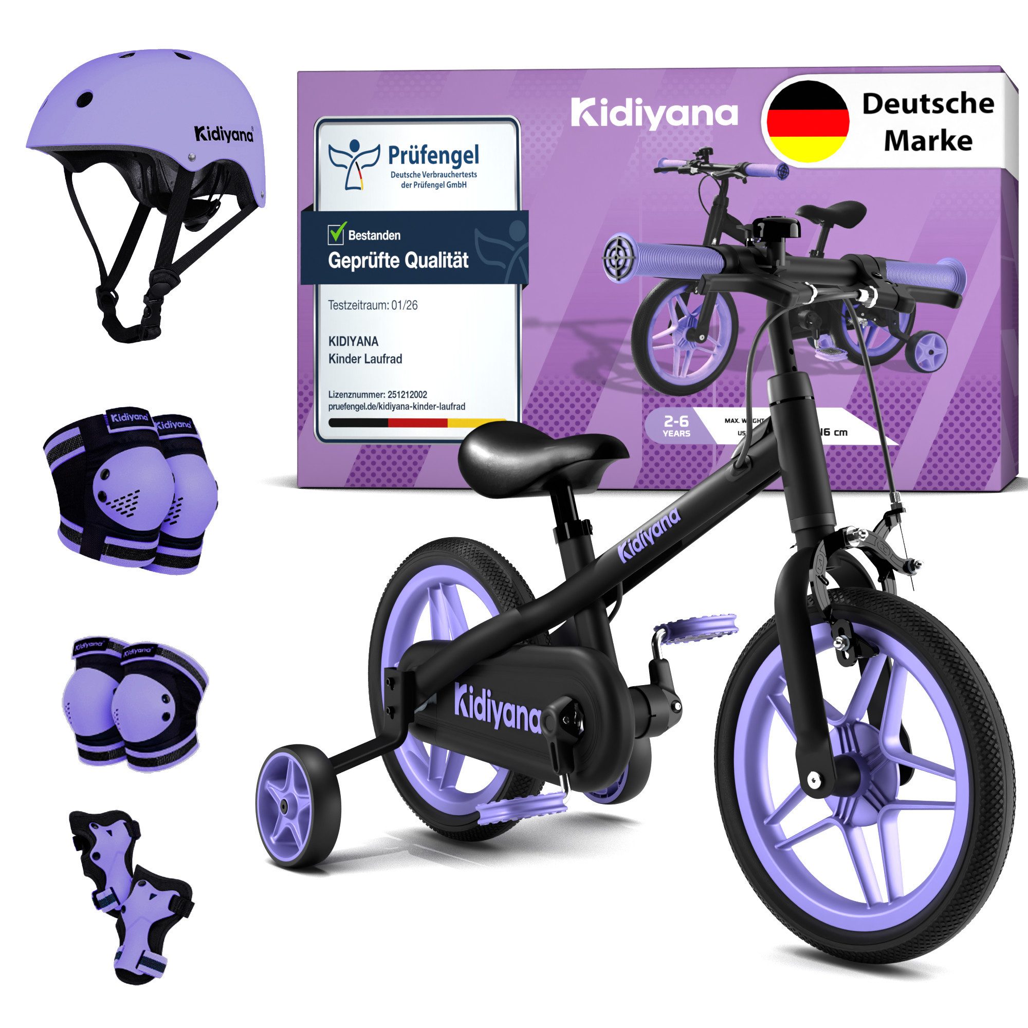 Kidiyana Kinderfahrrad -in-1 Laufrad 12 Zoll ab 2 Jahren bis 50 kg, Alurahmen, pannensicher, (Set, 3-tlg., mit Kinderhelm und Protektoren), mit abnehmbaren Pedalen und Stützrädern