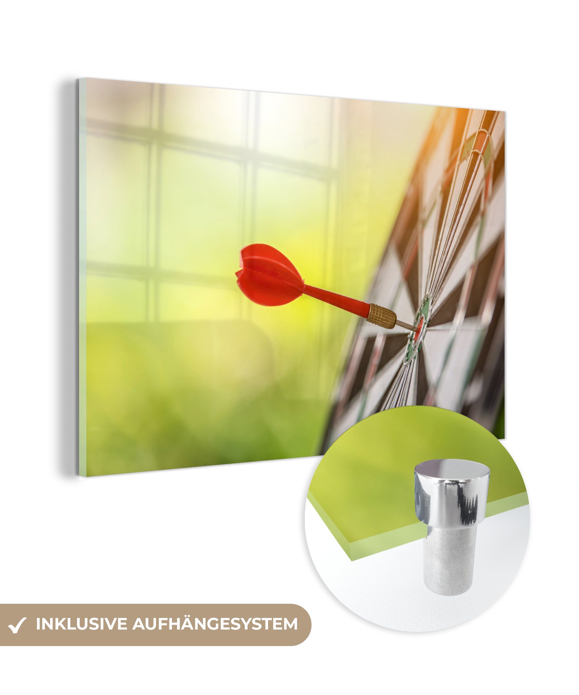 MuchoWow Acrylglasbild Dartpfeil, der das Bullseye der Dartscheibe trifft, (1 St), Acrylglasbilder Wohnzimmer & Schlafzimmer