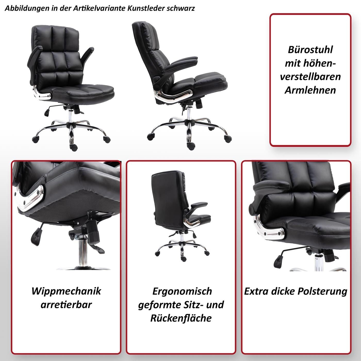 MCW Schreibtischstuhl MCW-J21, Dicke Polsterung, Wippmechanik arretierbar, Verstellbare Armlehnen