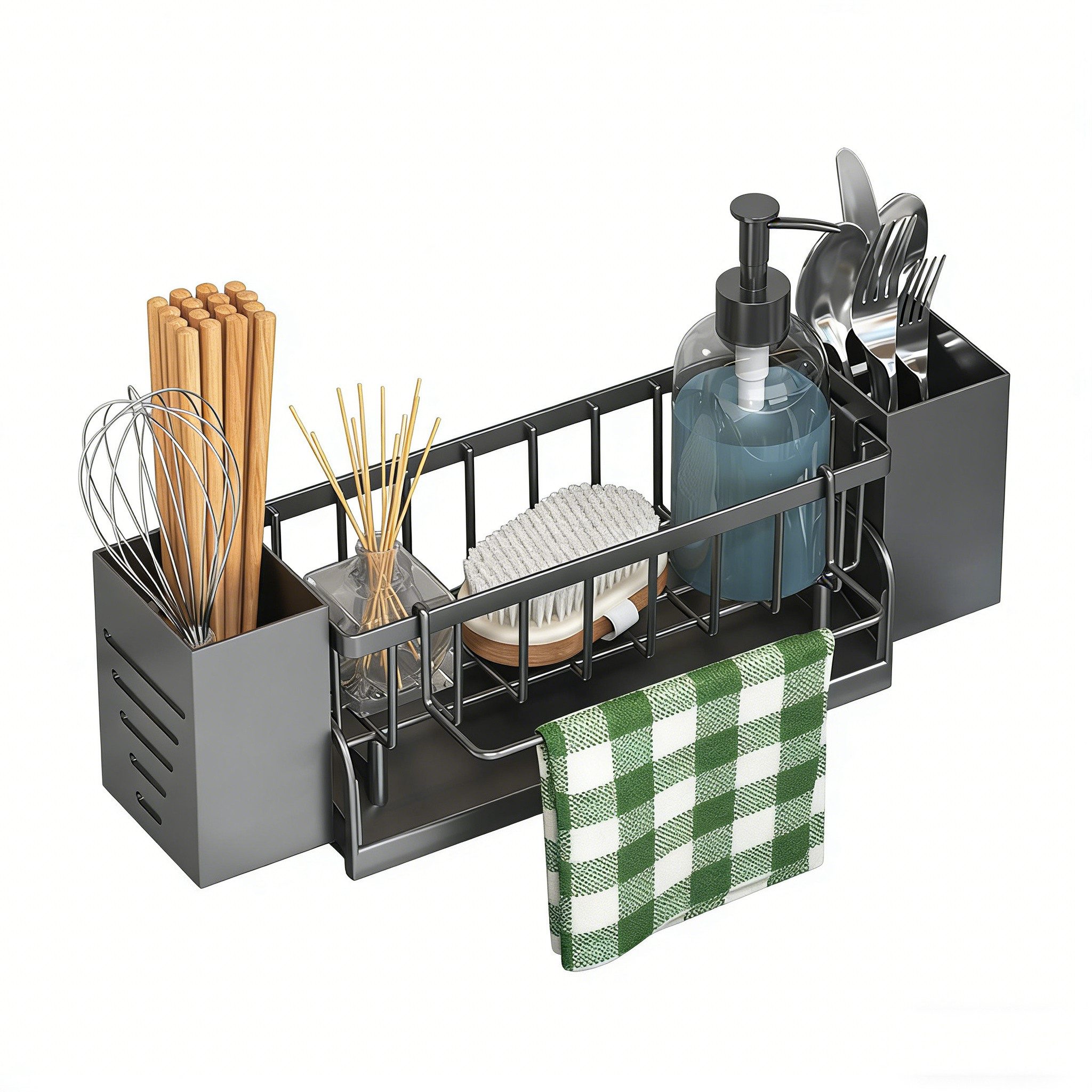 Zyronn Küchenorganizer-Set Spülbecken Organizer Hängend,Kein Bohren Spüle Organizer Schwammhalter, Küchenutensilienhalter mit 2 Stäbchenhalter