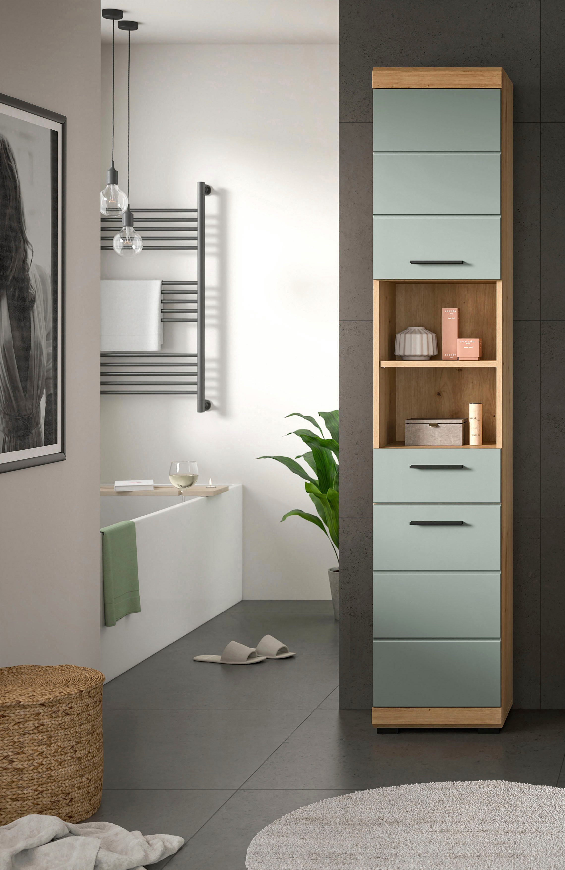 welltime Hochschrank SIENA, Breite 37cm, 2 Tür, 1 Schubkasten, 2 offene Fächer, MDF-Front (1-St., TOPSELLER) in verschiedenen Farben erhältlich, Badmöbel, Badschrank, Schrank, Bad
