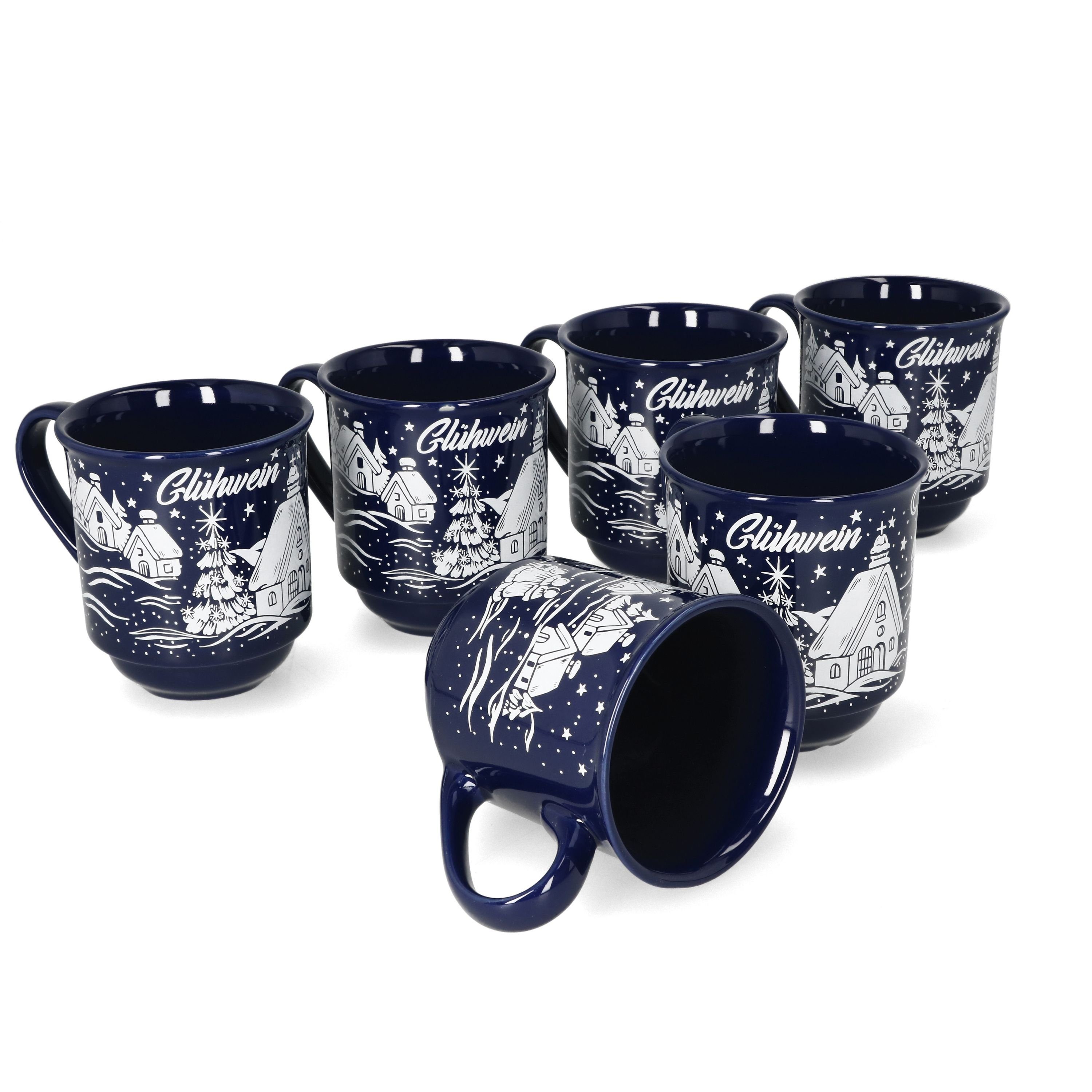 MamboCat Tasse 6er Set Glühweinbecher dunkelblau Weihnachtslandschaft 0,2L geeicht, Keramik, Weihnachtsgeschirr, Weihnachten, Weihnachtsmarkt, Punsch