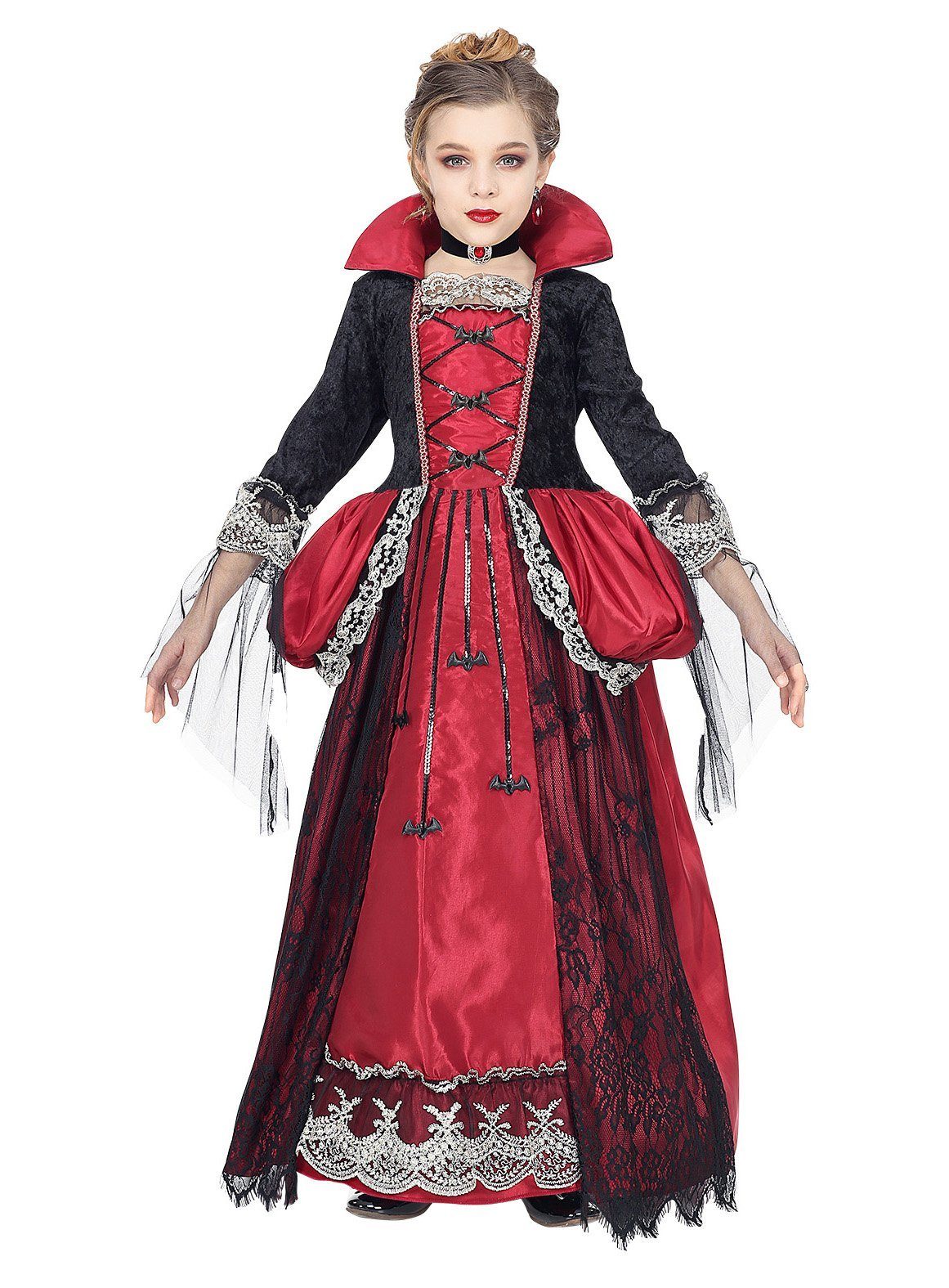 Widdmann Vampir-Kostüm Vampirkönigin - Halloween Kostüm Kinder Mädchen, Elegantes Vampirkleid für barocke Blutsaugerinnen
