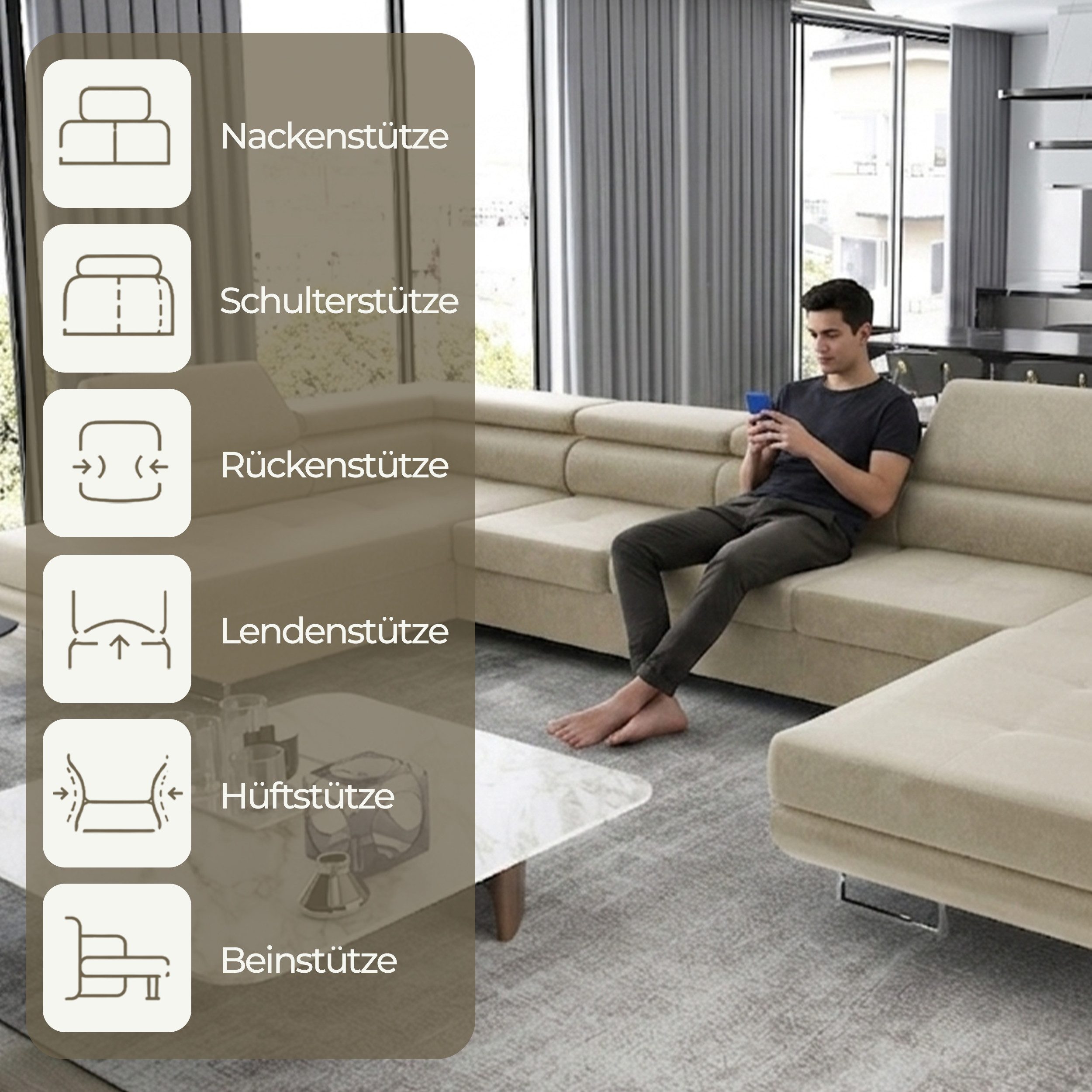 Goldstoff Wohnlandschaft "ASTON" U Form mit Schlaffunktion XXL Couch Sofa, Komfortable U Form Couch mit Bettkasten und Schlaffunktion 1 Teile, U Form Sofa mit B – Bild 5 von 5