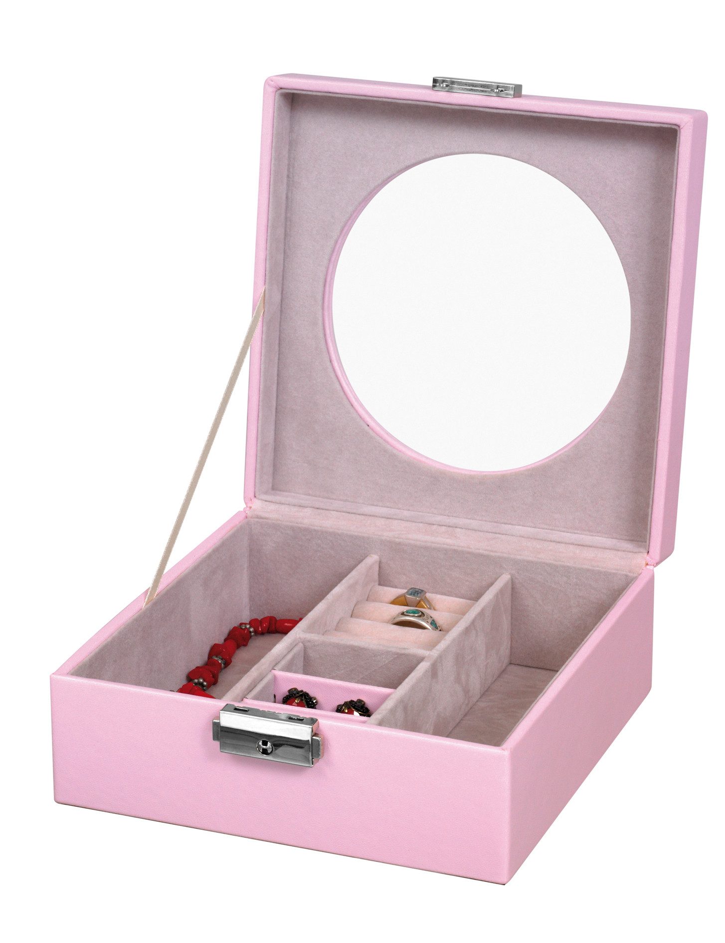 CLAUSS Schmuckkasten Schmuckkoffer Rosa, Schmuckkästchen mit Schloss und Sichtfenster, mit Fächern, Ringpolster und Ohrring-Halter