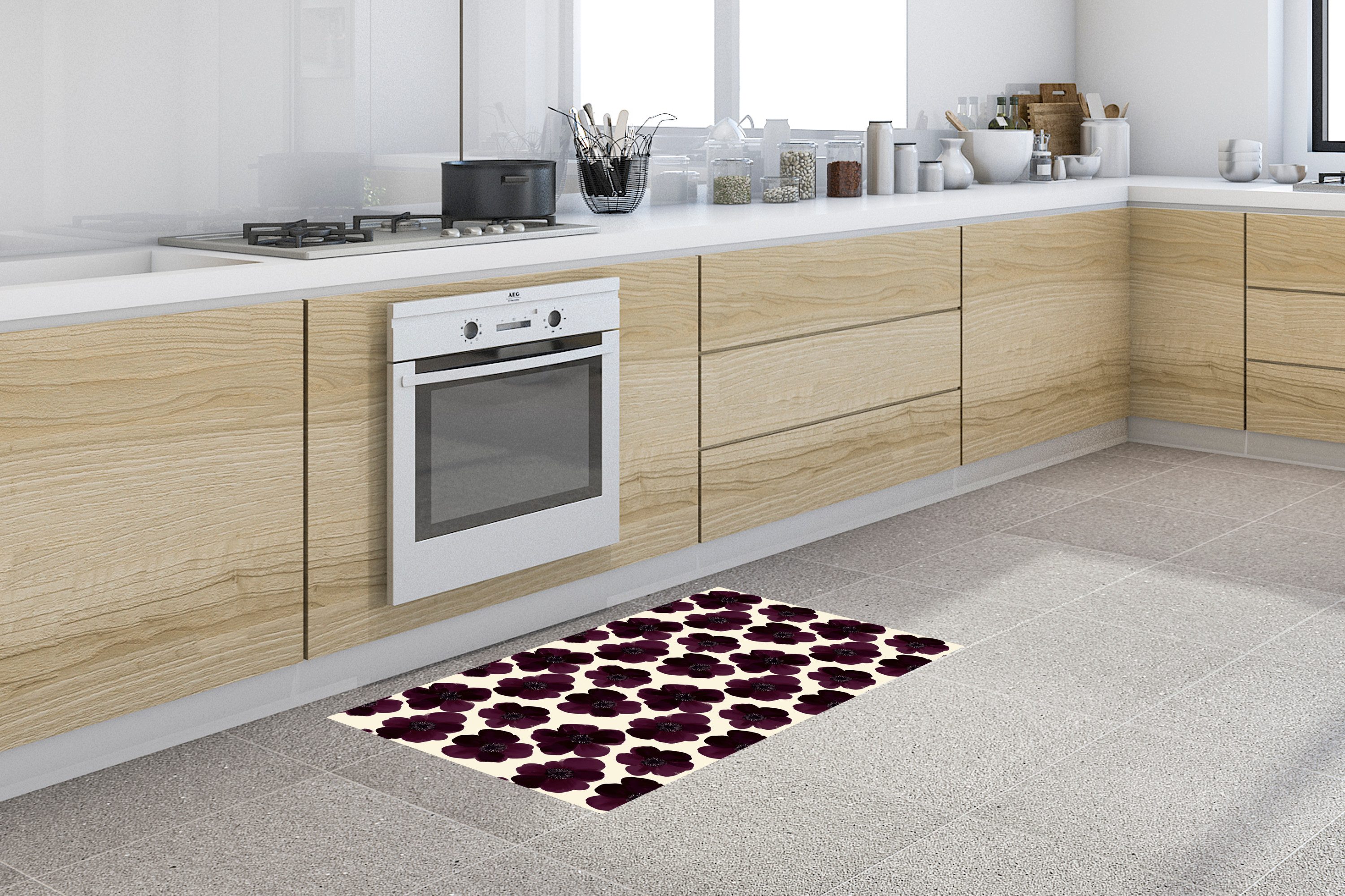 MuchoWow Küchenläufer Blumen - Aquarell - Lila, aus Kunststoff, Küchenteppich, Läufer für Küche, Rutschfest, Küchendeko, 120x50 cm