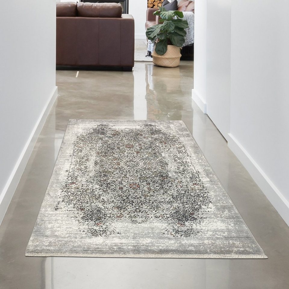 Teppich Abstrakt orientalischer Seidenoptikteppich grau-orange, Carpetia,  rechteckig, Höhe: 7 mm