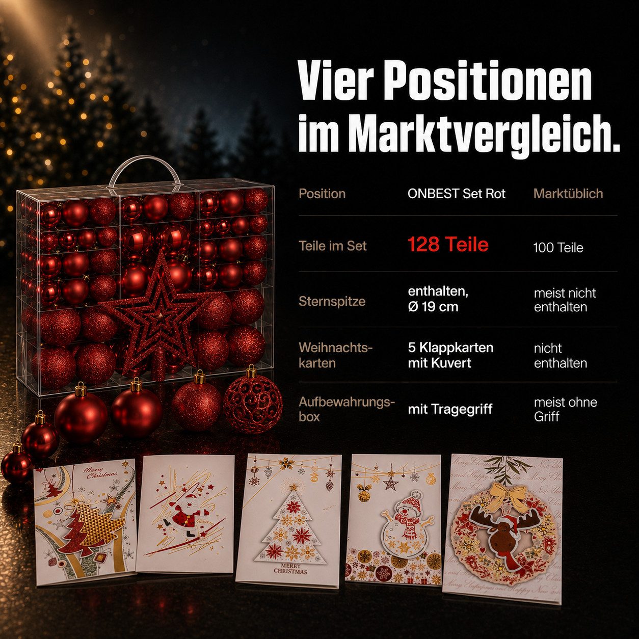 Onbest Weihnachtsbaumkugel Weihnachtskugeln 128-teiliges Set PLUS 5x Karten & 1x Baumspitze, in 3 Größen, 3 Designs, Weihnachtsschmuck Weihnachtsdeko