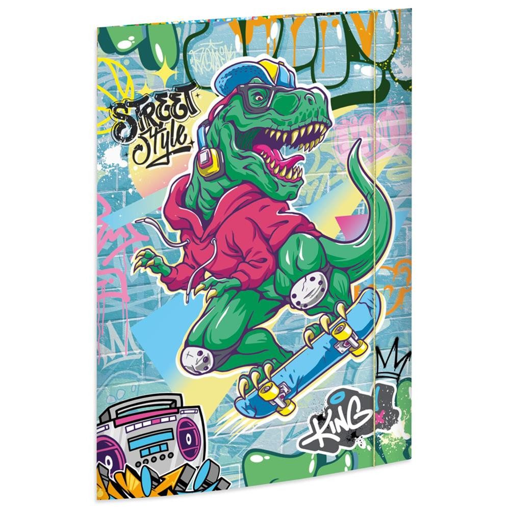 RNK Verlag Organisationsmappe Zeichenmappe Skatosaurus DIN A3 aus Karton mit 3 Klappen und Gummizug (Zeichenmappe, Mit 3 Einschlagklappen, Gummizug und bedruckter Innenseite), 3 Einschlagklappen, farbiger Gummizug, bedruckte Innenseite