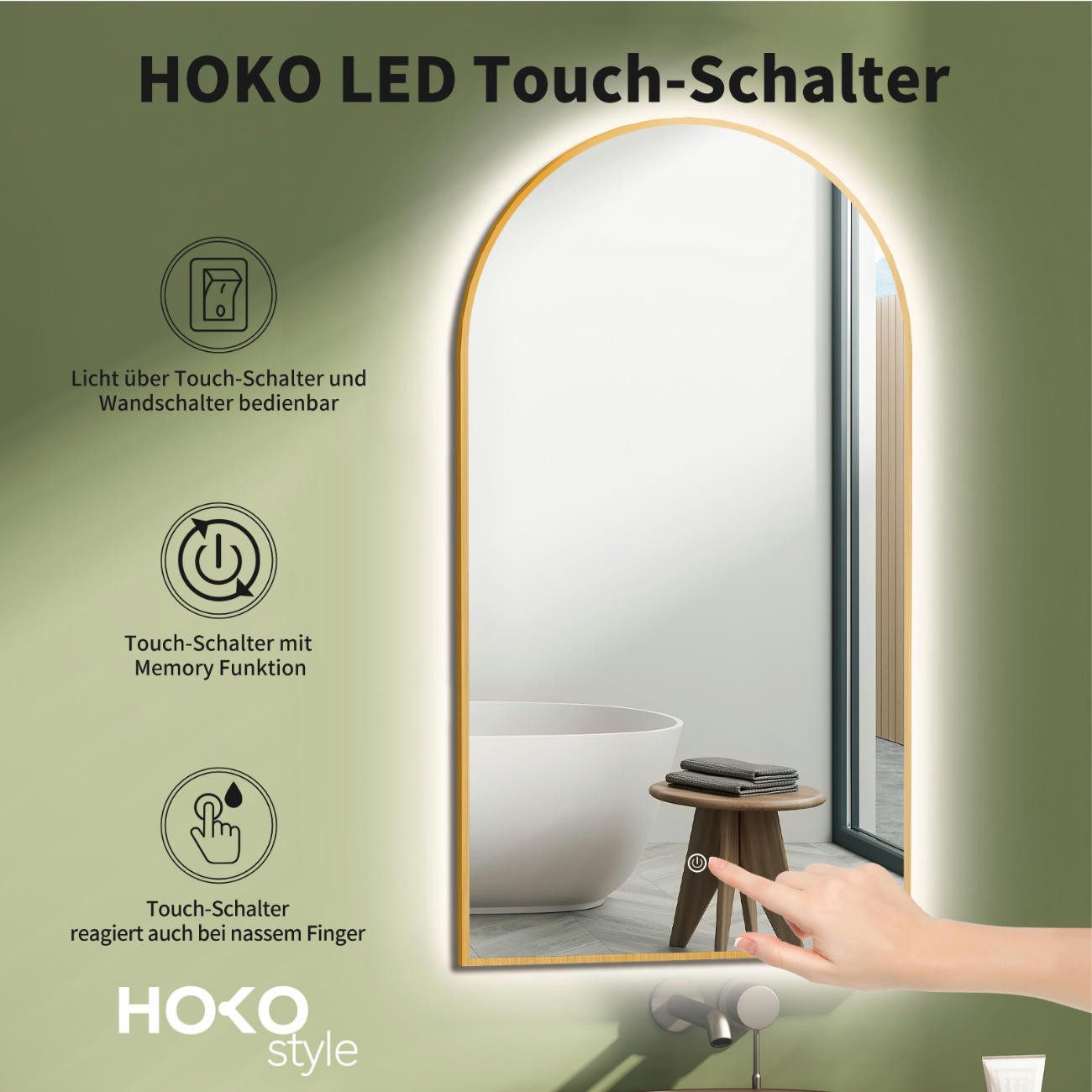 HOKO Badspiegel mit Beleuchtung, Badezimmerspiegel bogen 50x90 cm / 60x100 cm (HOCH+QUER Montage, Schwarz/Gold/Weiß Wandspiegel+Warmweiß/Kaltweiß/Neutral)