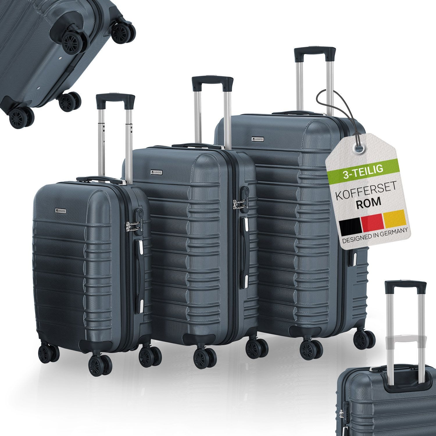 Juskys Trolleyset Rom, 4 Rollen, (3 tlg., 3-teilig), 3 Koffer, 360° Rollen, robuste Hartschale, mit Zahlenschloss