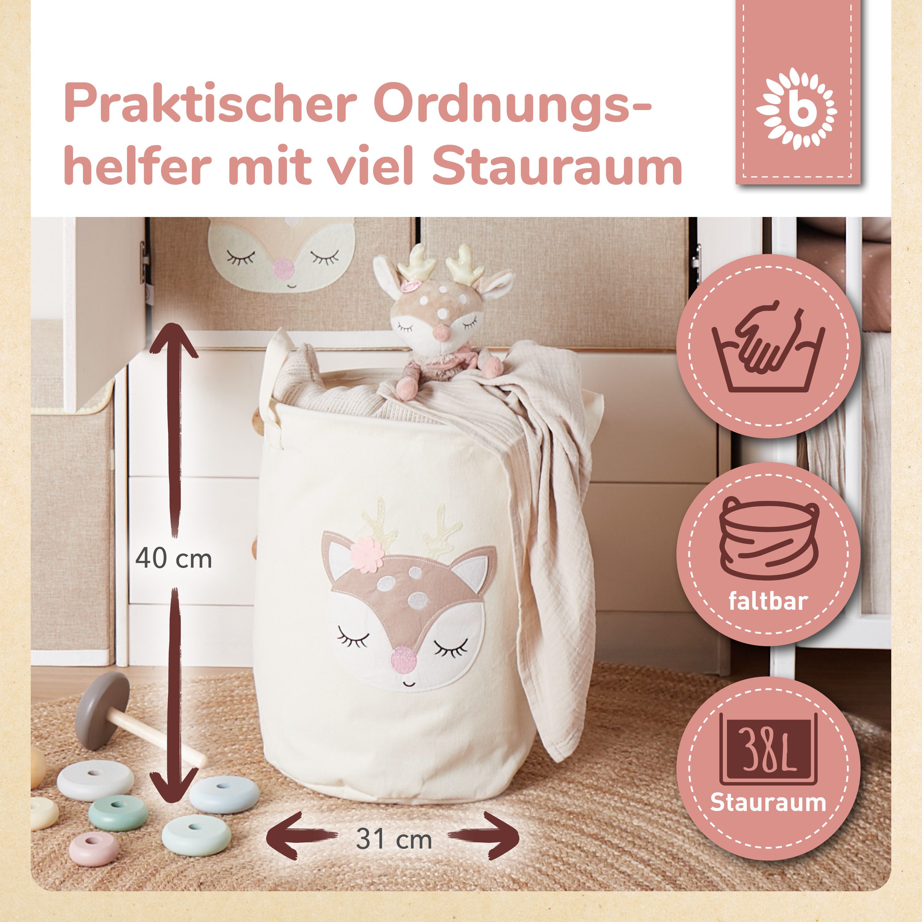 BIECO Wäschetasche Wäschekorb Baby Reh Ella Aufbewahrungskorb Kinder Wasserabweisend