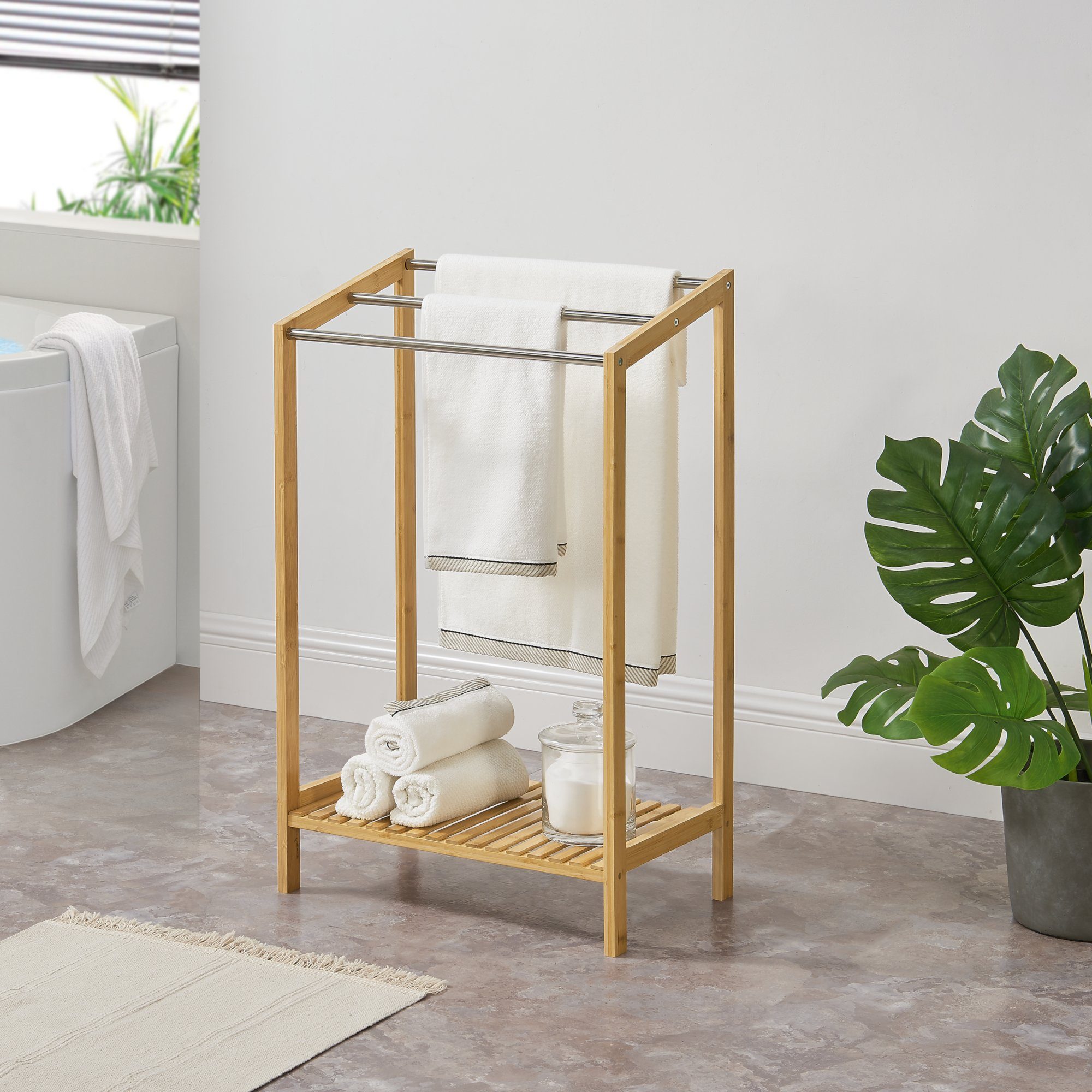 en.casa Handtuchhalter, »Kautokeino« Bambus Handtuchständer mit 3 Stangen aus Edelstahl