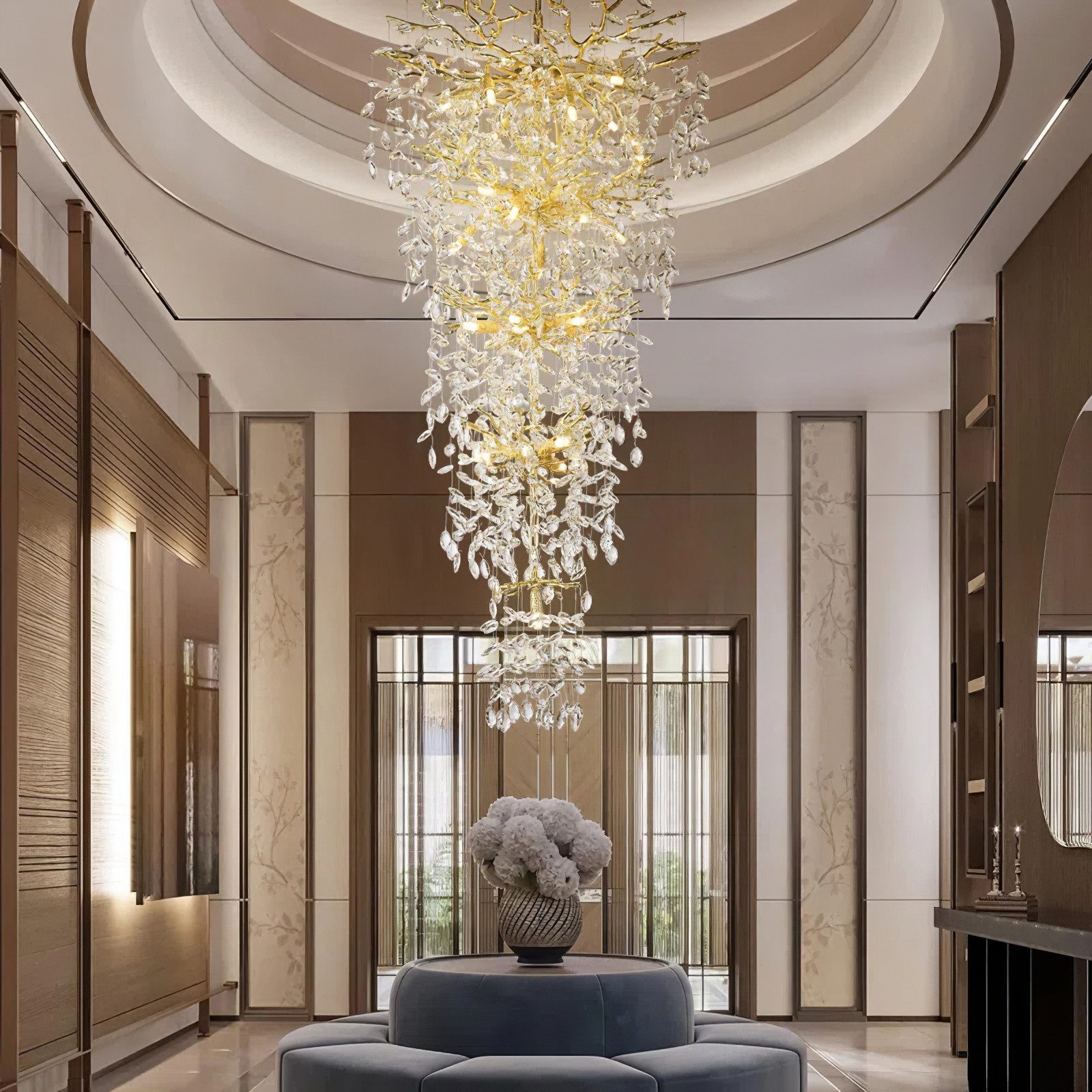 Surtime Kronleuchter für Treppenhaus, 300 cm, Goldfarben,Kristall, 28 G9-Fassungen für gleichmäßiges Licht, LED wechselbar, 3000K, K9-Kristalldesign im Ast-Stil – Bild 4 von 5