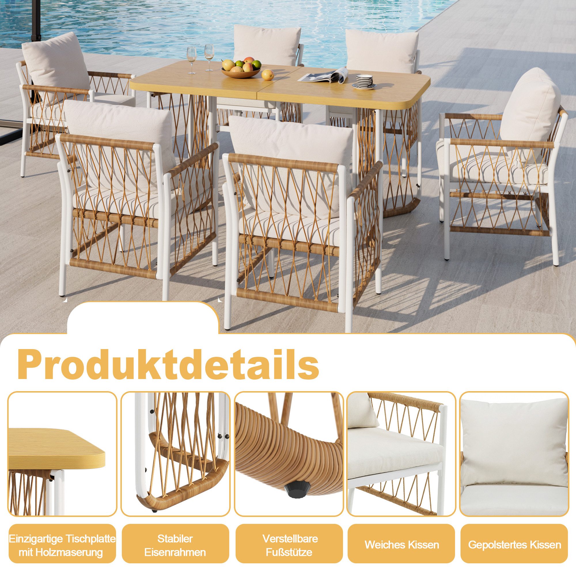 i@home Gartenlounge-Set, (7-tlg., mit Rattan-Stühlen & Tisch in Holzoptik, inkl. Sitzkissen), Gartenmöbel-Set Natur für Terrasse & Garten,weißes Eisengestell