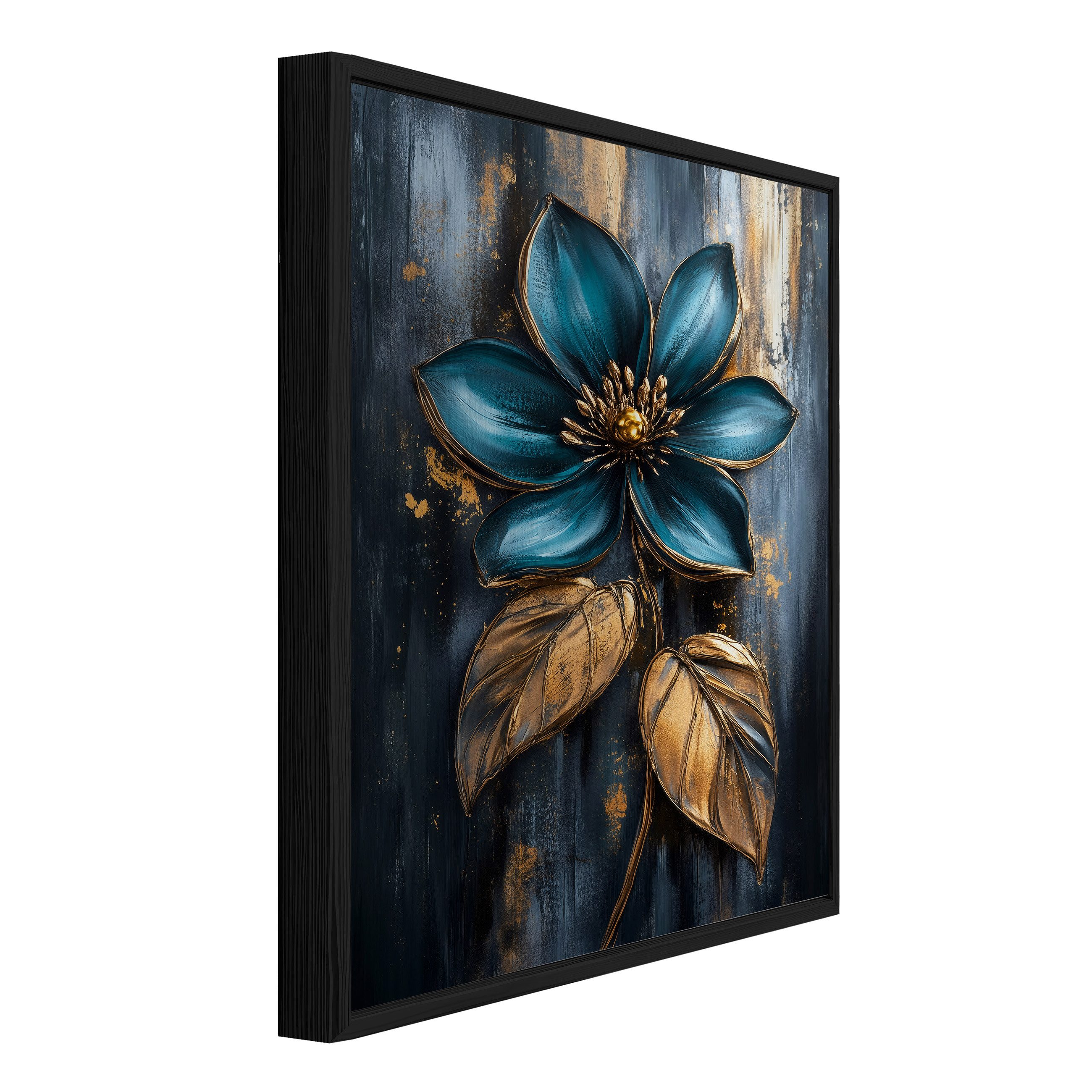 Wallarena Metallbild Blume blau golden Loft Wanddeko Bilder mit Rahmen Wohnzimmer, Blume (Packung, 1 St), Bilder mit Rahmen Metallbilder Modern Wanddeko gross XXL