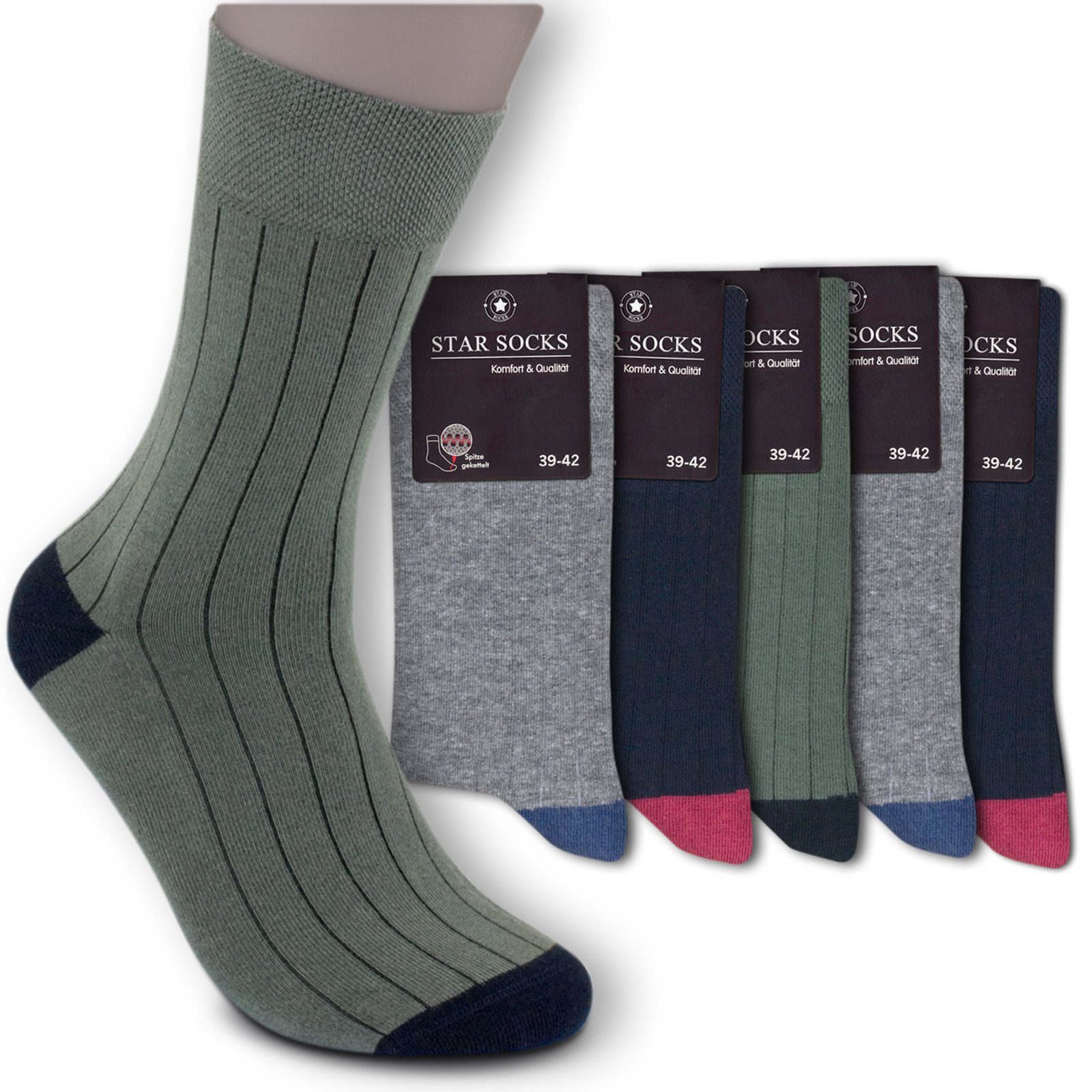 Die Sockenbude Basicsocken STREIFEN (Bund, 5-Paar, grau blau olivgrün) mit Komfortbund ohne Gummi | Kompressionsstrümpfe