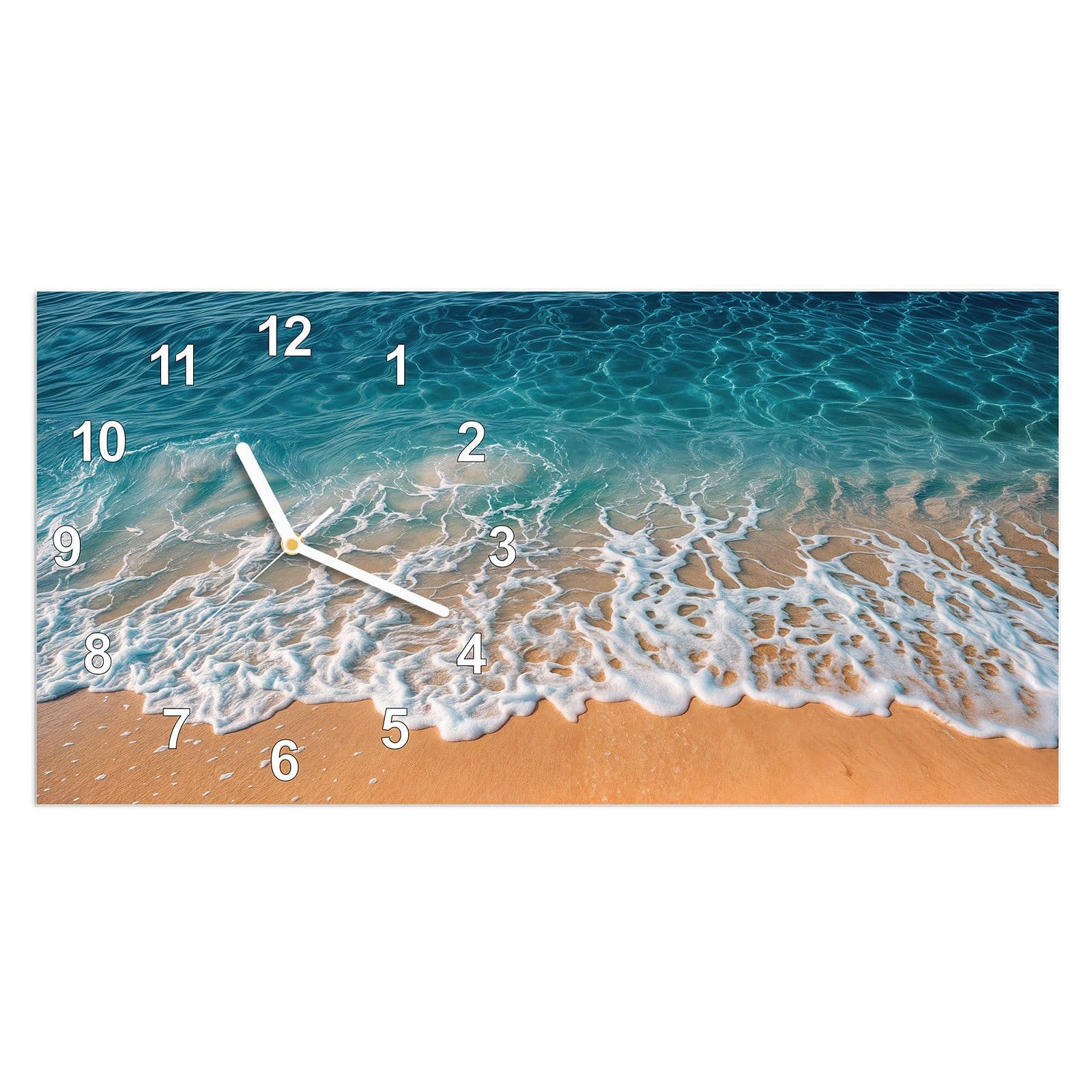 Wanduhr Glasuhr Wandkunst Größe 60 x 30 cm mit Motiv Strand und Wellen