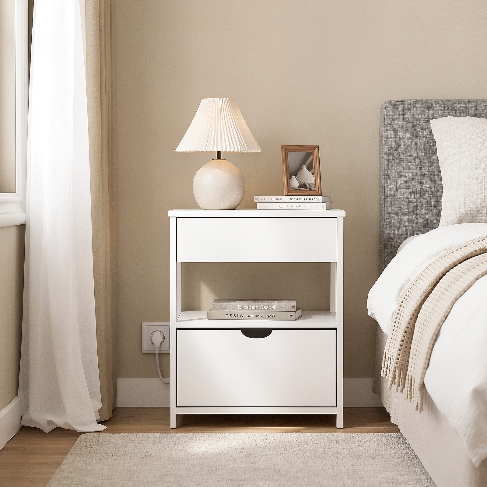 SoBuy Beistelltisch FRG258, Nachttisch schmal, Nachtschrank mit Schubladen Nachtkommode, mit 4-in-1 Ladefunktion & Ablage, Schlafzimmer Wohnzimmer Jugendliche