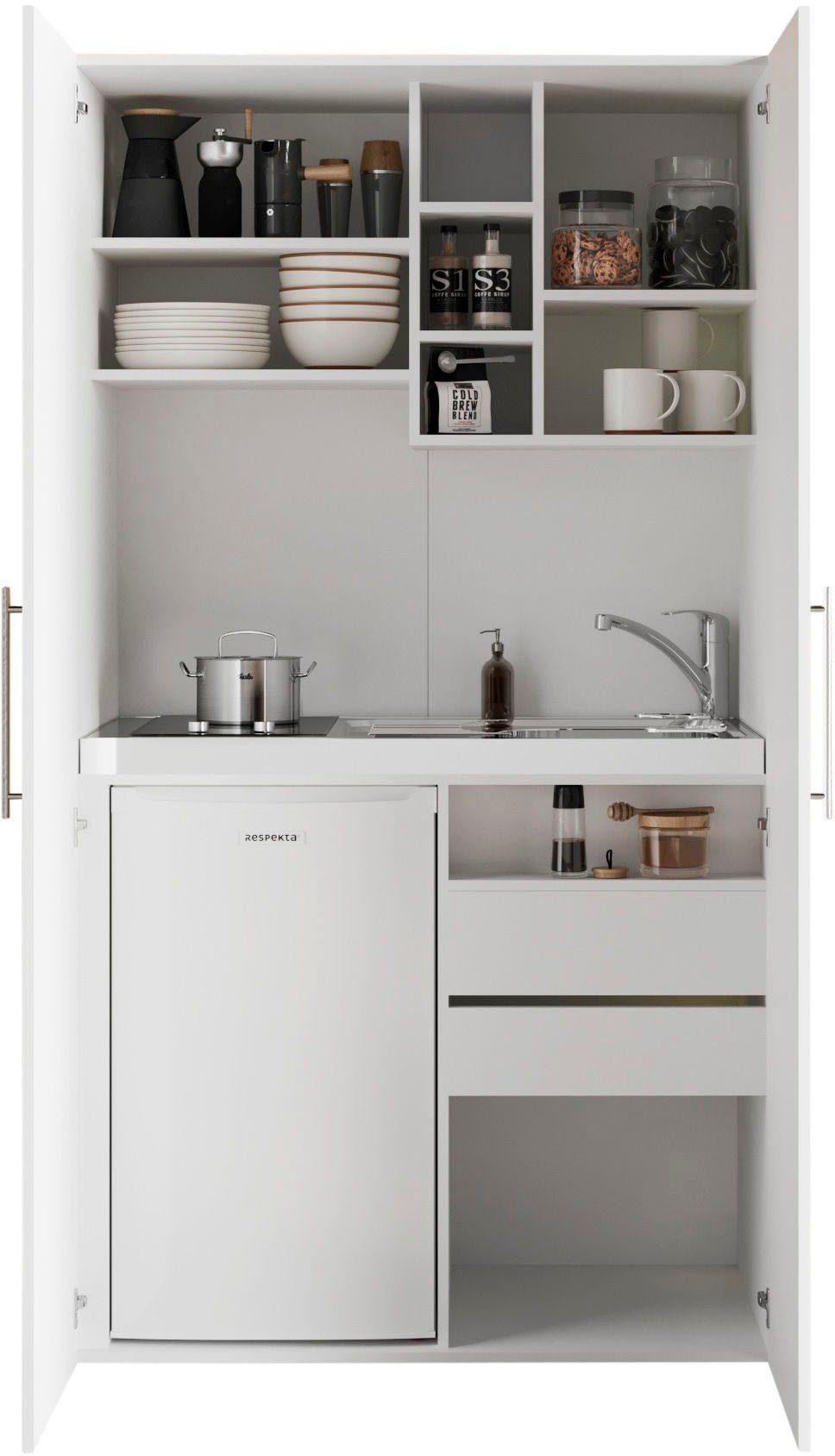 RESPEKTA Pantryküche Peter, Kochfeld von SCHOTT CERAN®, wahlw. mit Mikrowelle, Korpus Weiß, Breite 104 cm, in exclusiver Konfiguration für OTTO