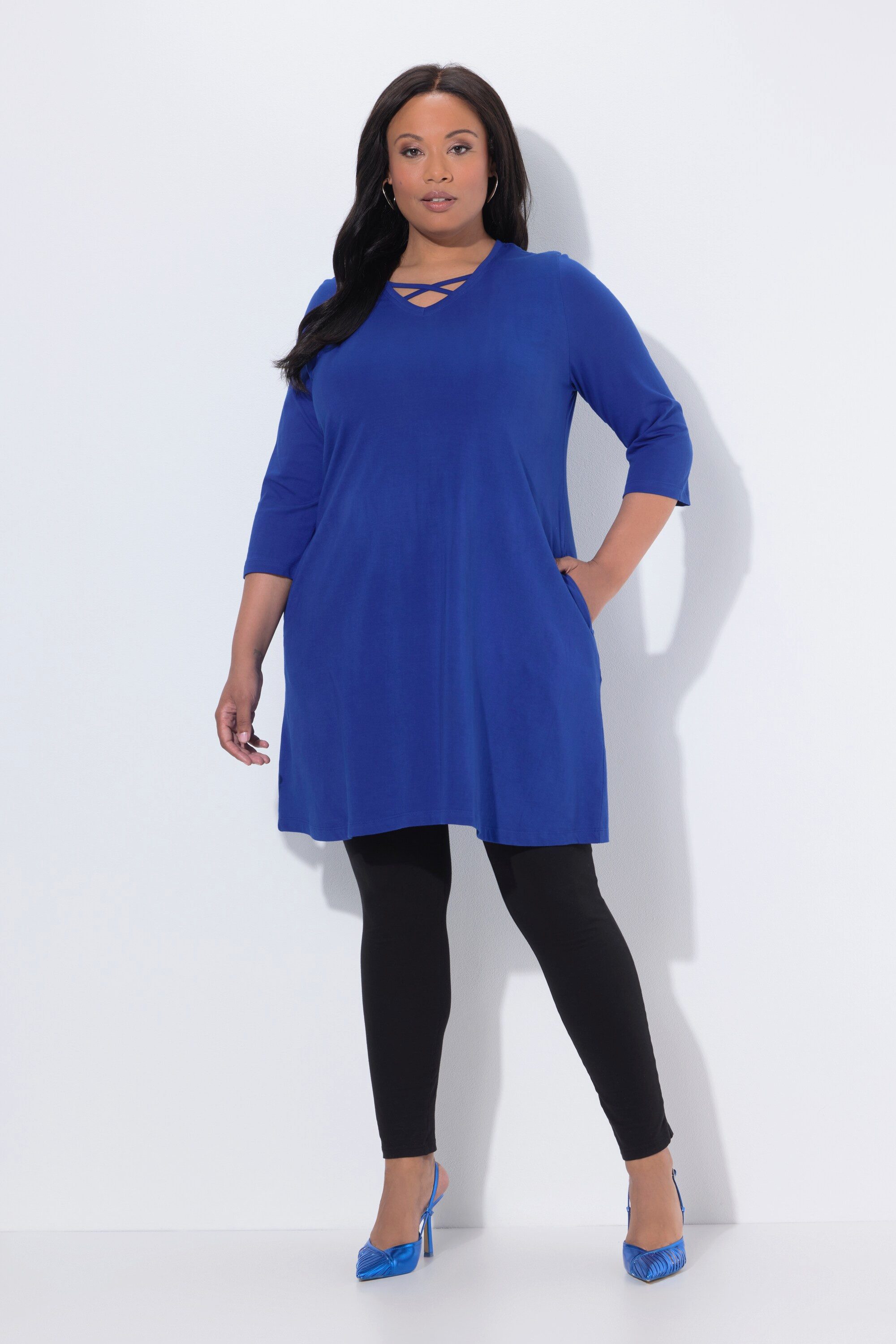 Ulla Popken Longshirt Longshirt Zierbänder A-Linie V-Ausschnitt 3/4-Arm