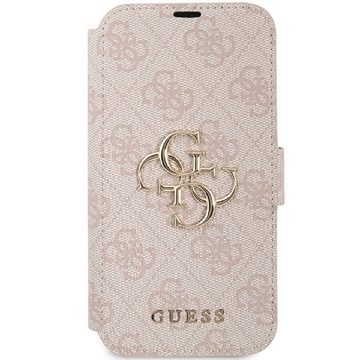 Guess Handyhülle Bookcase Cover iPhone 15 rosa Logo goldfarben aufstellbar 6,1 Zoll, Kartenfächer